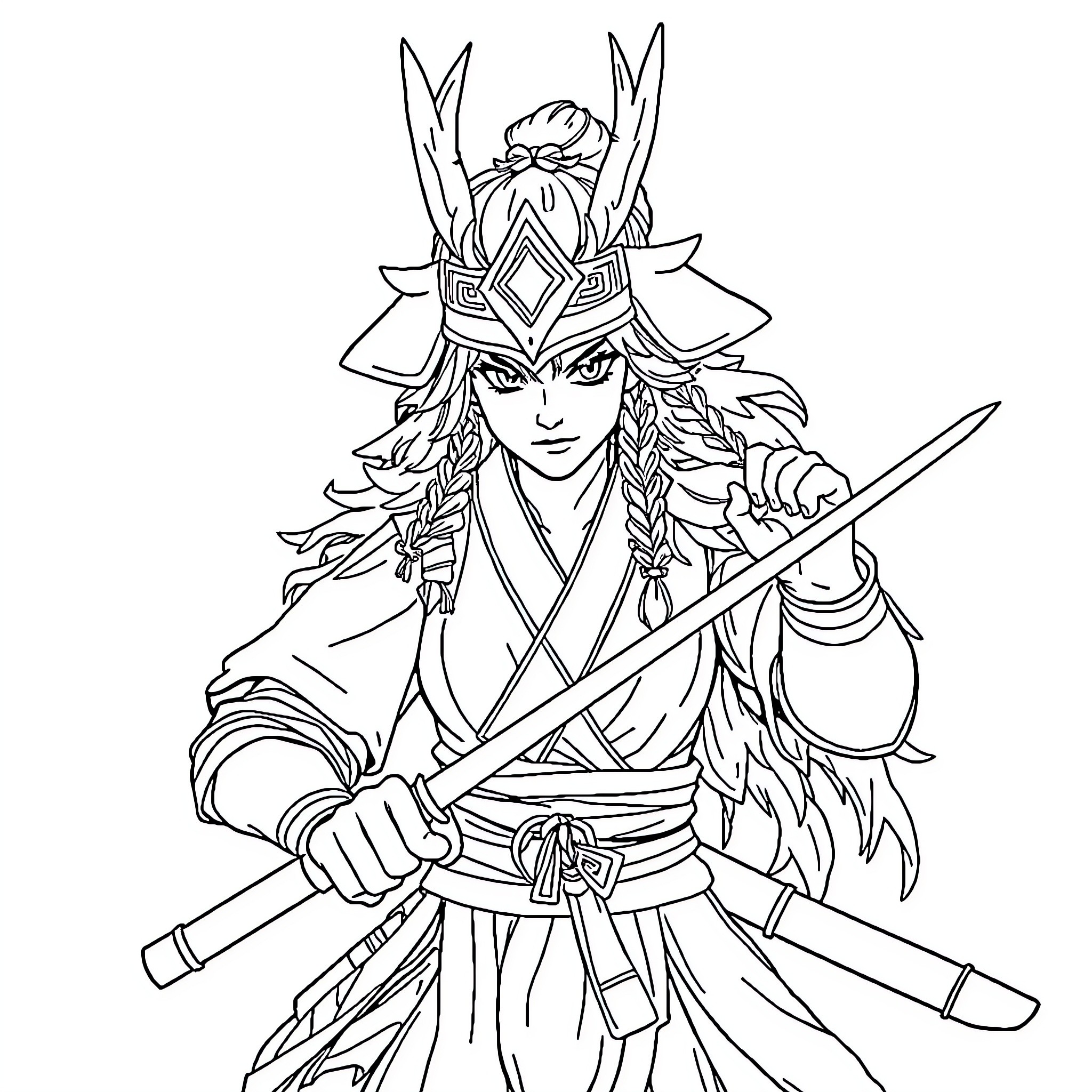 Princess Mononoke - Warrior Maiden Wielding Sword Coloring Page (free black-and-white line drawing printable PDF for all, from beginners to advanced learners, including children, teens, adults, and seniors)