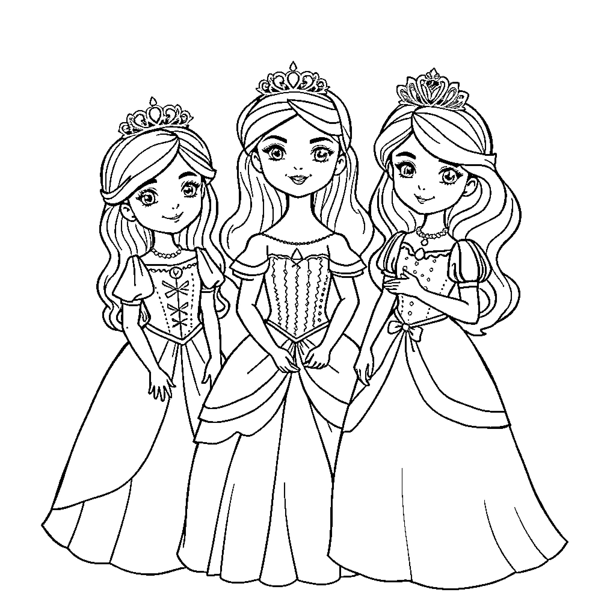Disney Princess Trio in Elegant Gowns Coloring Page (free black-and-white line drawing printable PDF for all, from beginners to advanced learners, including children, teens, adults, and seniors)