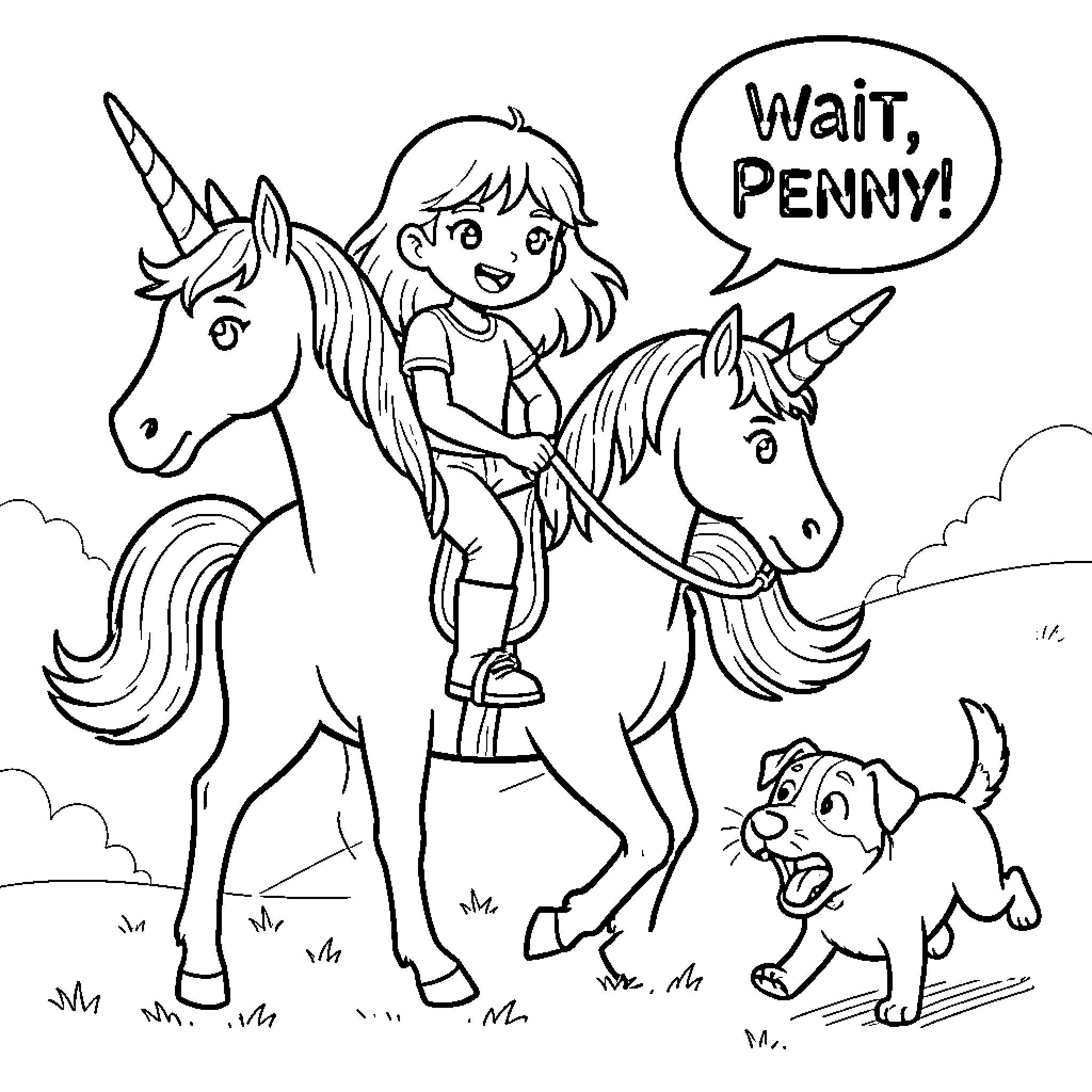 Girl riding unicorns with dog in field Coloring Page (free black-and-white line drawing printable PDF for all, from beginners to advanced learners, including children, teens, adults, and seniors)