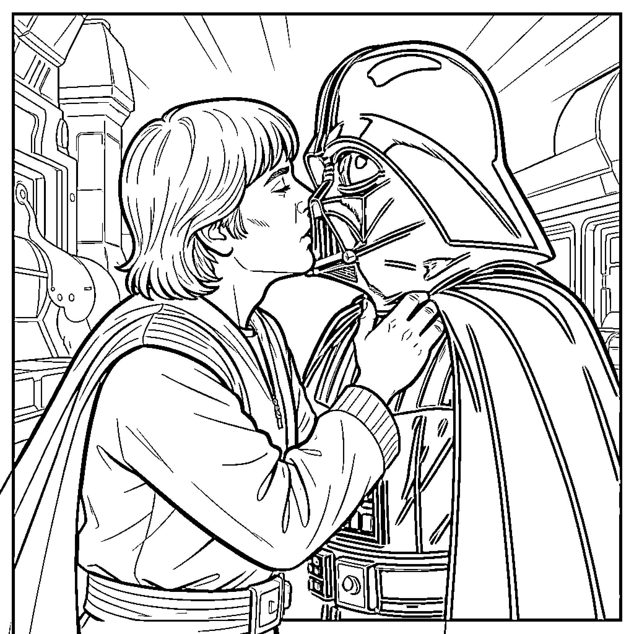 Luke Skywalker leaning in to kiss Darth Vader Coloring Page (free black-and-white line drawing printable PDF for all, from beginners to advanced learners, including children, teens, adults, and seniors)