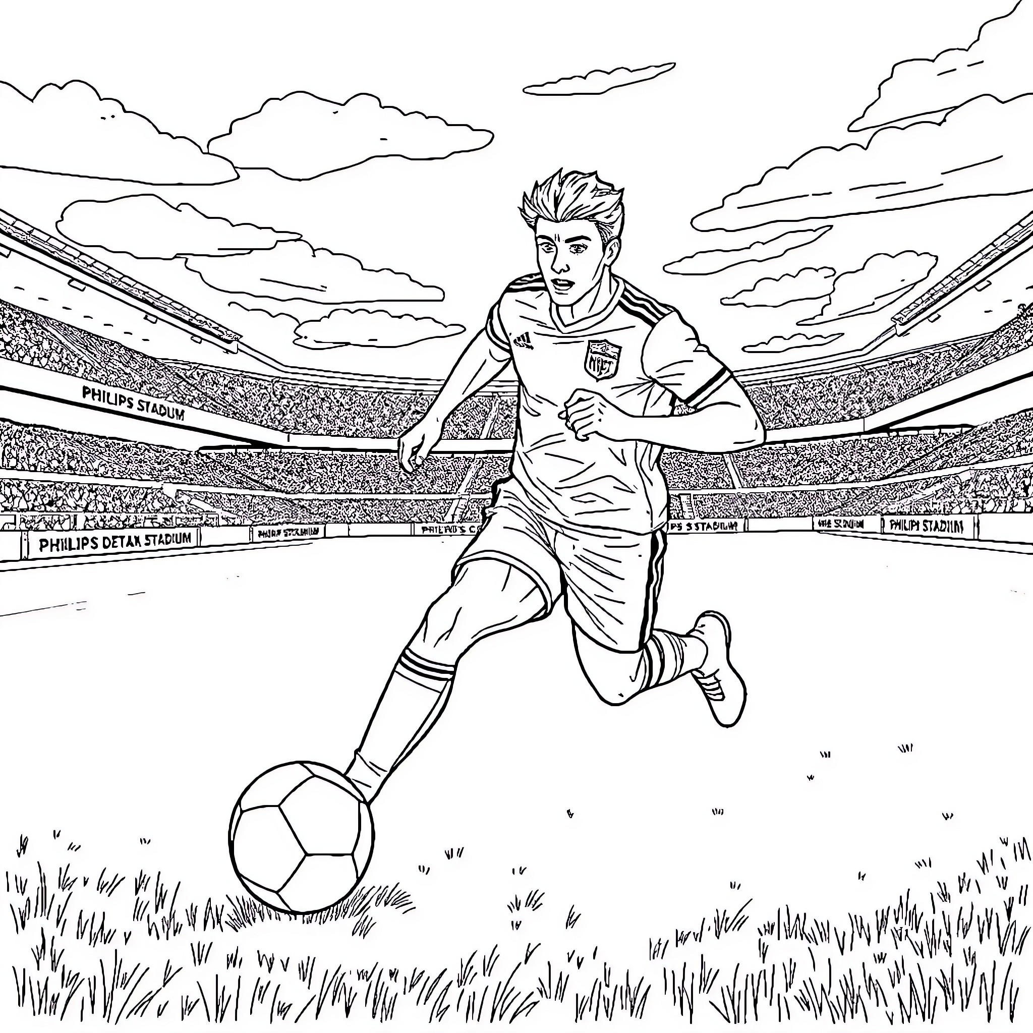 Football Player Dribbling the Ball in Stadium Coloring Page (free black-and-white line drawing printable PDF for all, from beginners to advanced learners, including children, teens, adults, and seniors)