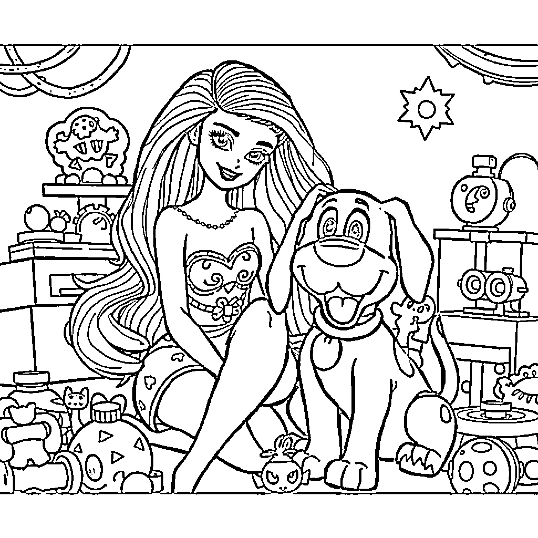Barbie playing with her pet dog in the room Coloring Page (free black-and-white line drawing printable PDF for all, from beginners to advanced learners, including children, teens, adults, and seniors)