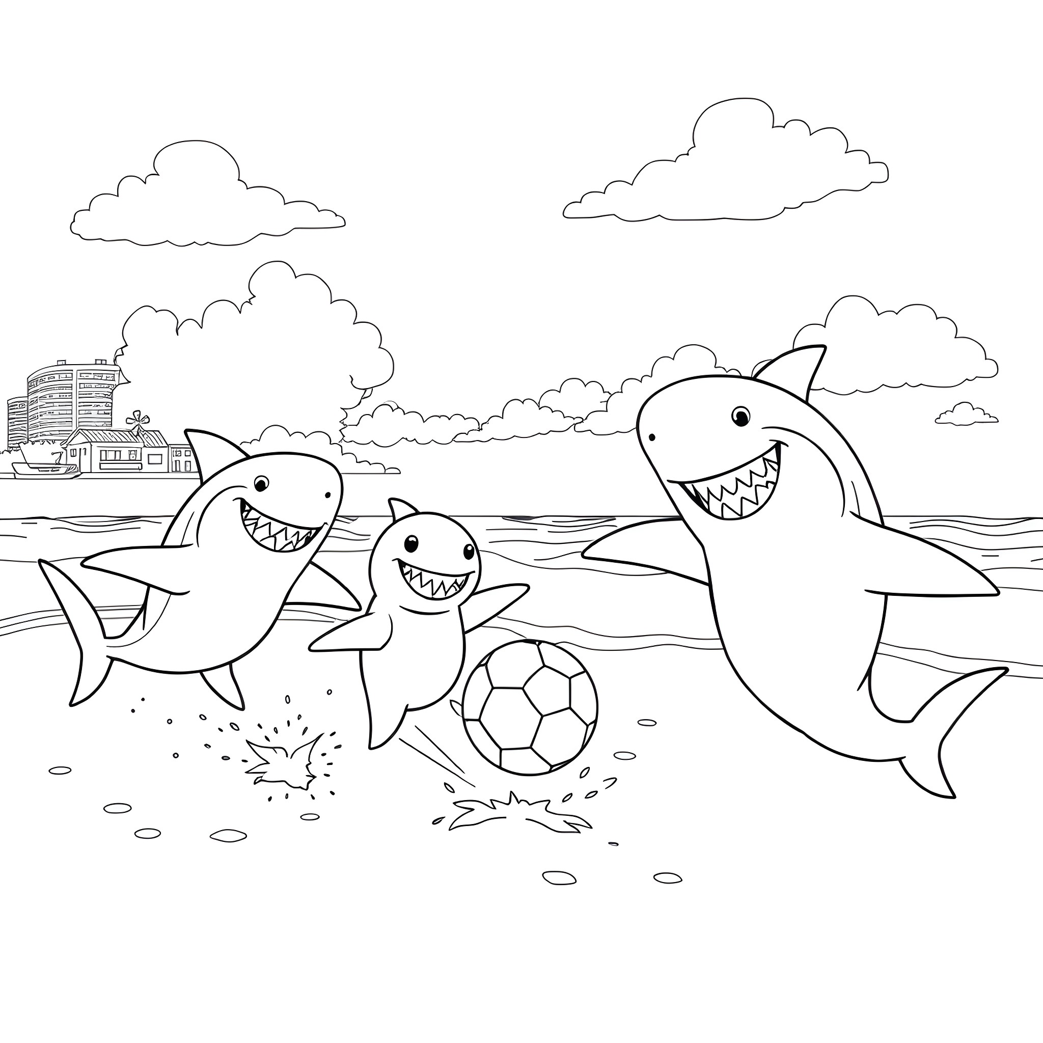 Sharks playing with a soccer ball on the beach Coloring Page (free black-and-white line drawing printable PDF for all, from beginners to advanced learners, including children, teens, adults, and seniors)