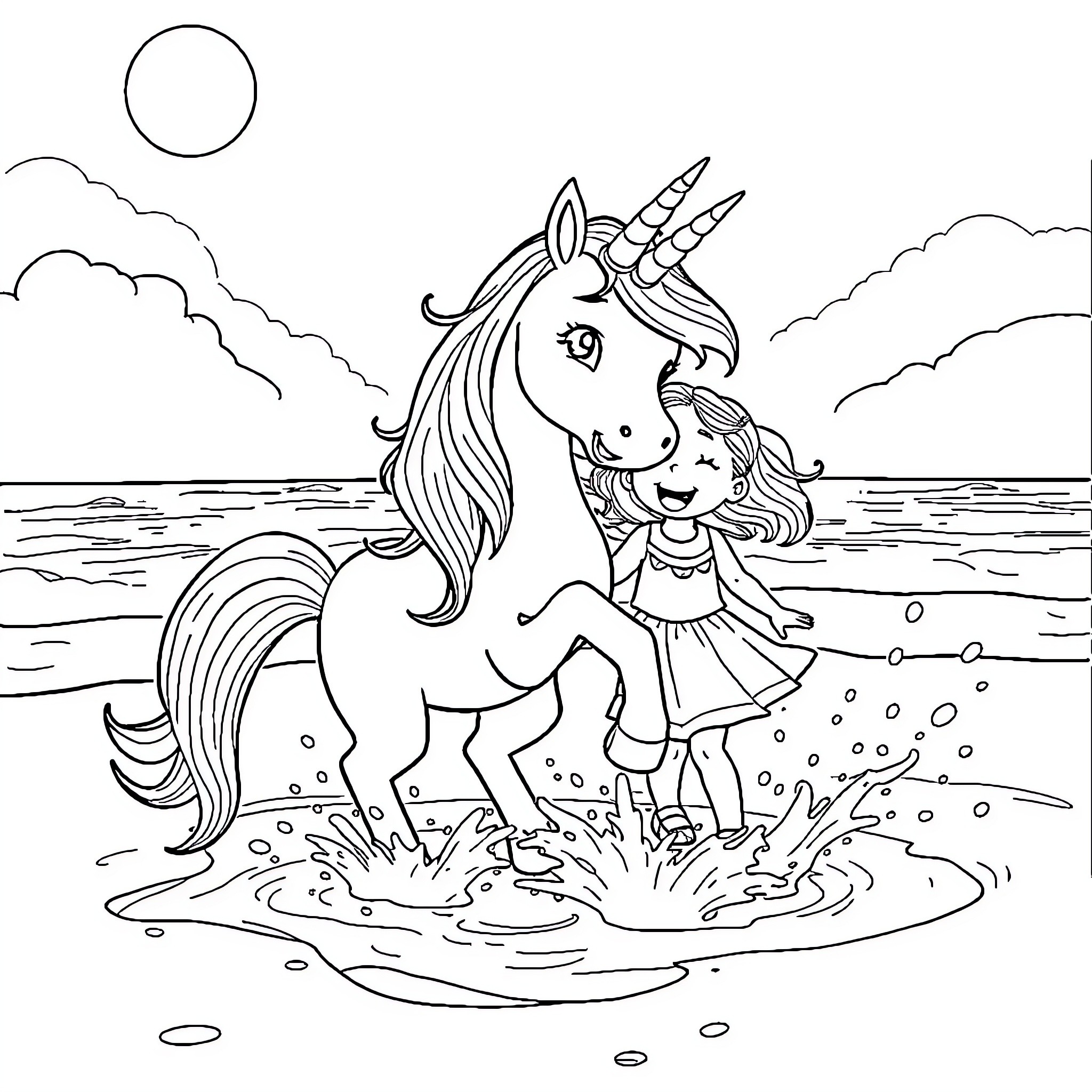 Unicorn and girl playing happily on the beach Coloring Page (free black-and-white line drawing printable PDF for all, from beginners to advanced learners, including children, teens, adults, and seniors)