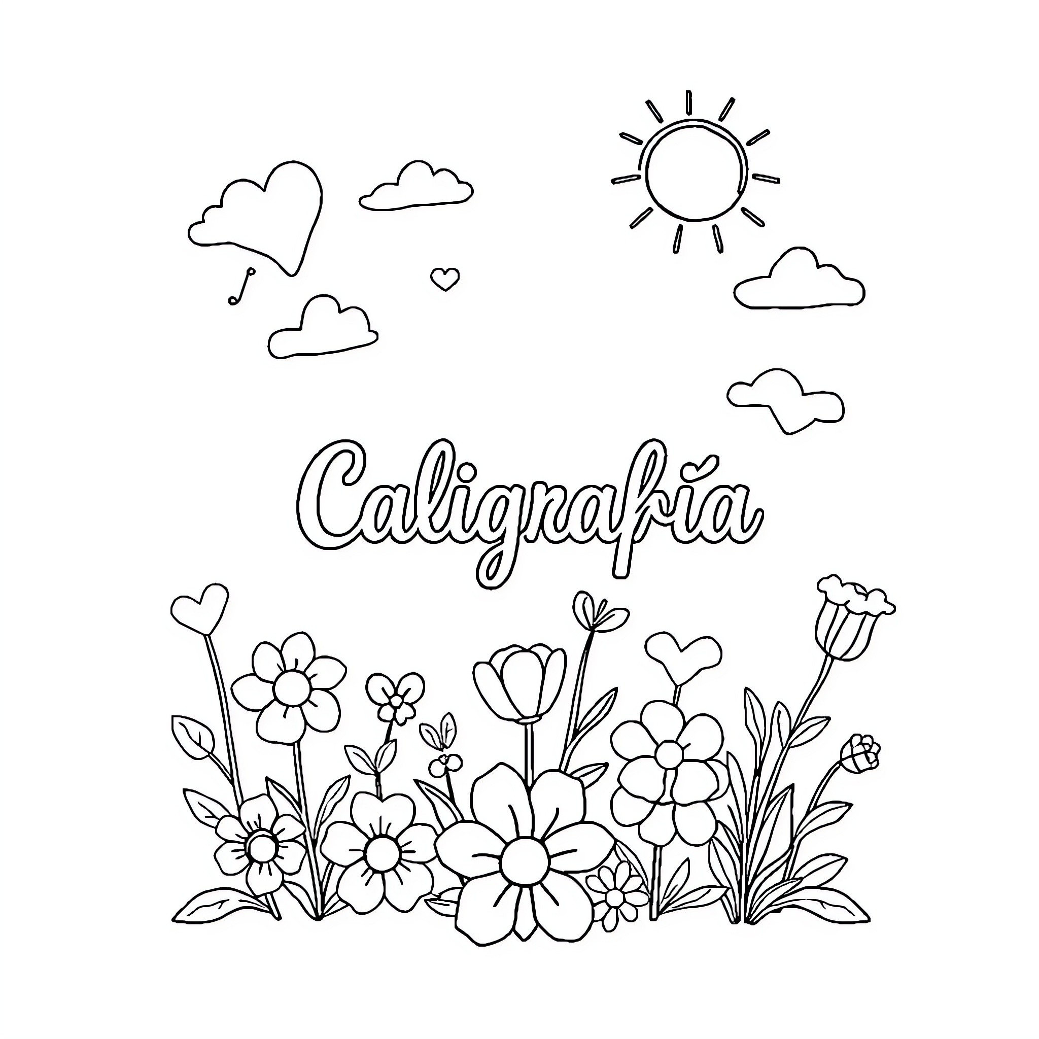 Caligraphy Floral Scene with Hearts and Clouds Coloring Page (free black-and-white line drawing printable PDF for all, from beginners to advanced learners, including children, teens, adults, and seniors)