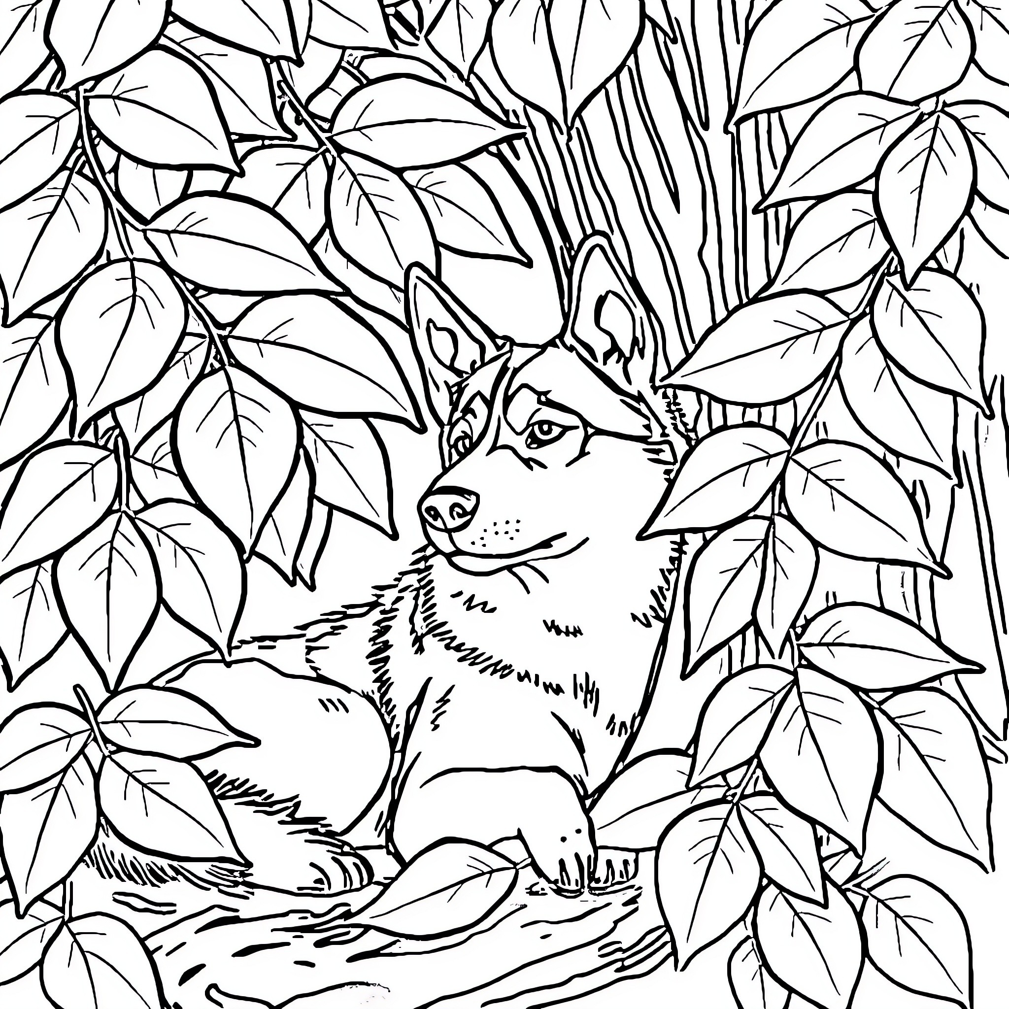 Husky in the Lush Jungle Coloring Page (free black-and-white line drawing printable PDF for all, from beginners to advanced learners, including children, teens, adults, and seniors)