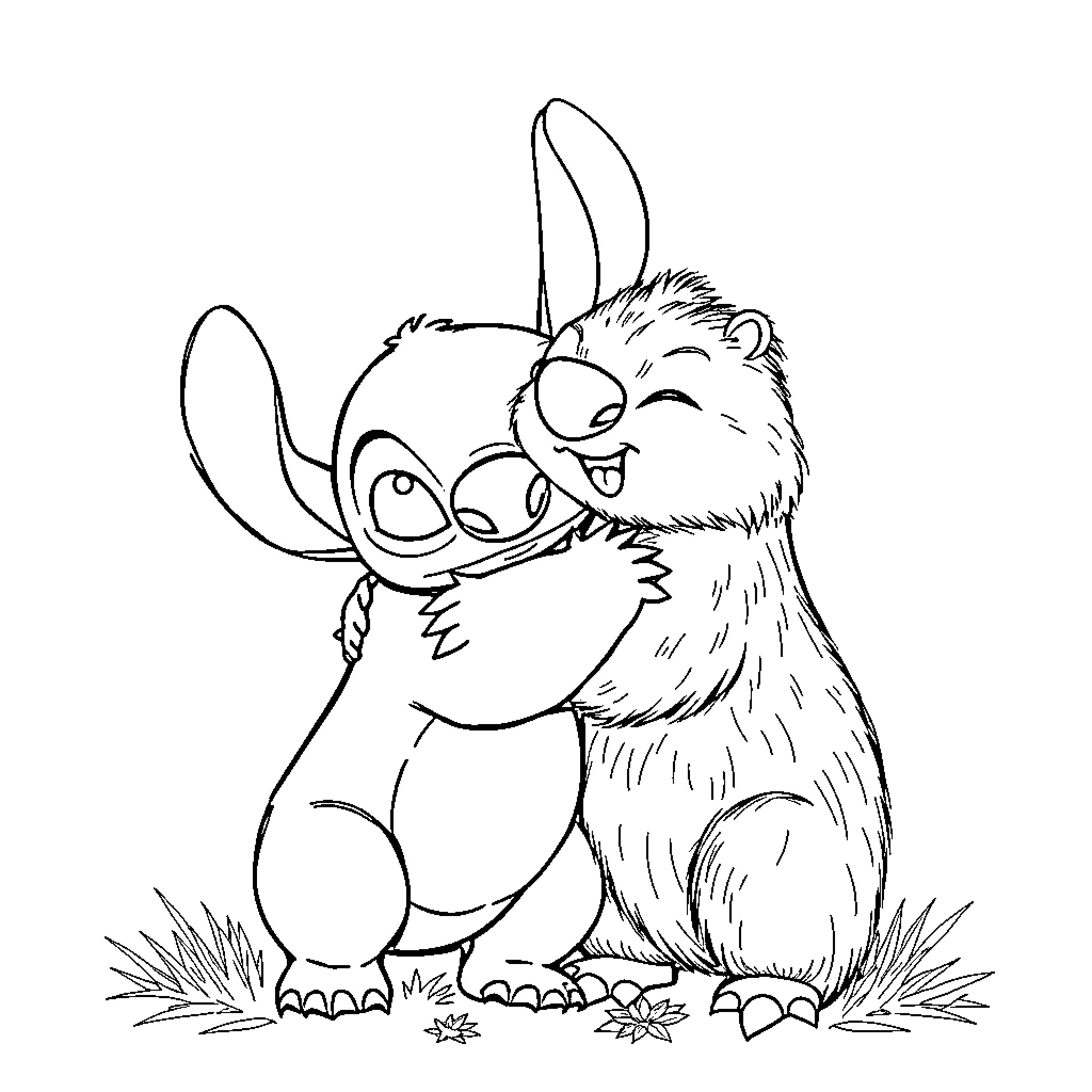 Stitch embracing furry companion Coloring Page (free black-and-white line drawing printable PDF for all, from beginners to advanced learners, including children, teens, adults, and seniors)