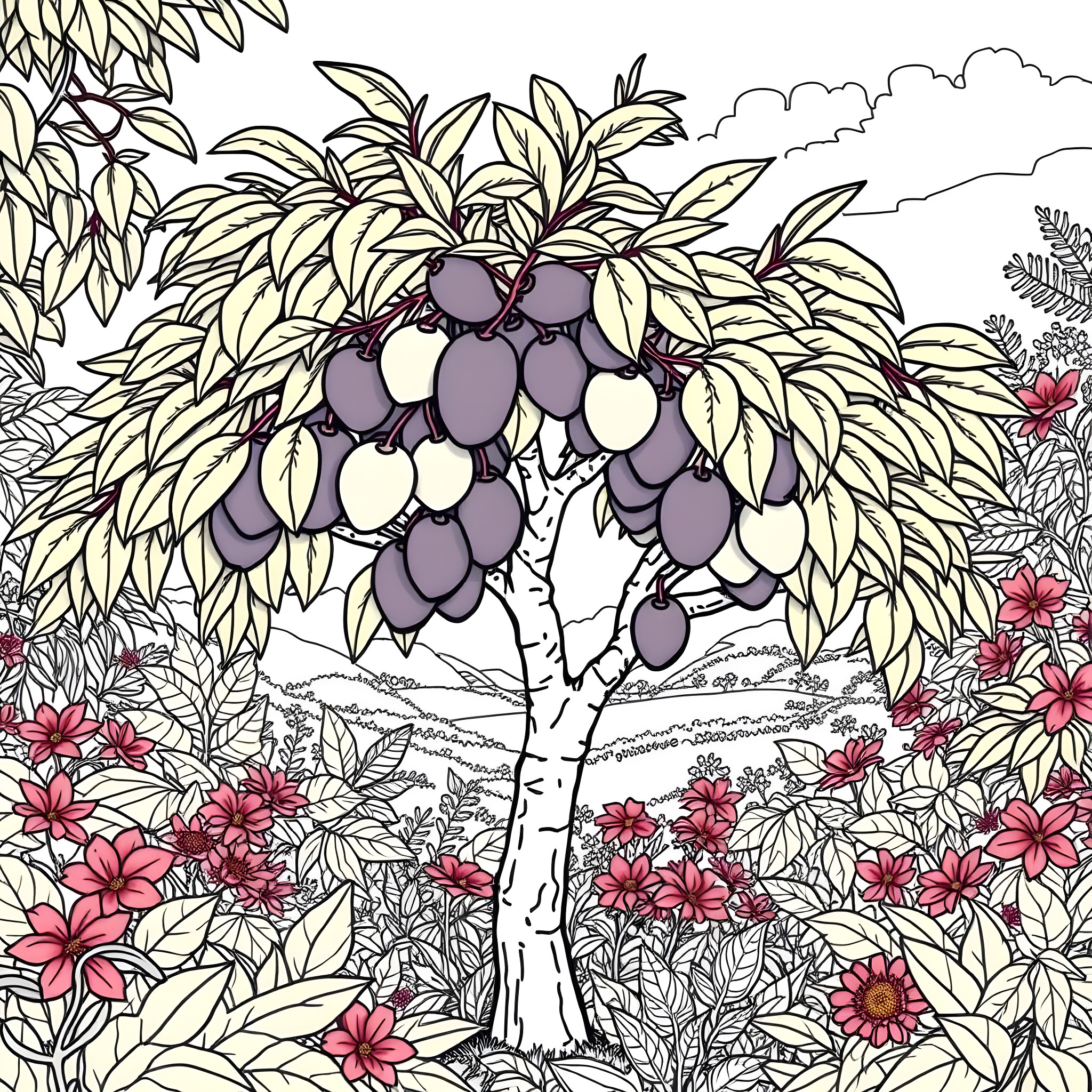 Sapote tree with lush foliage and vibrant flowers Coloring Page (free black-and-white line drawing printable PDF for all, from beginners to advanced learners, including children, teens, adults, and seniors)