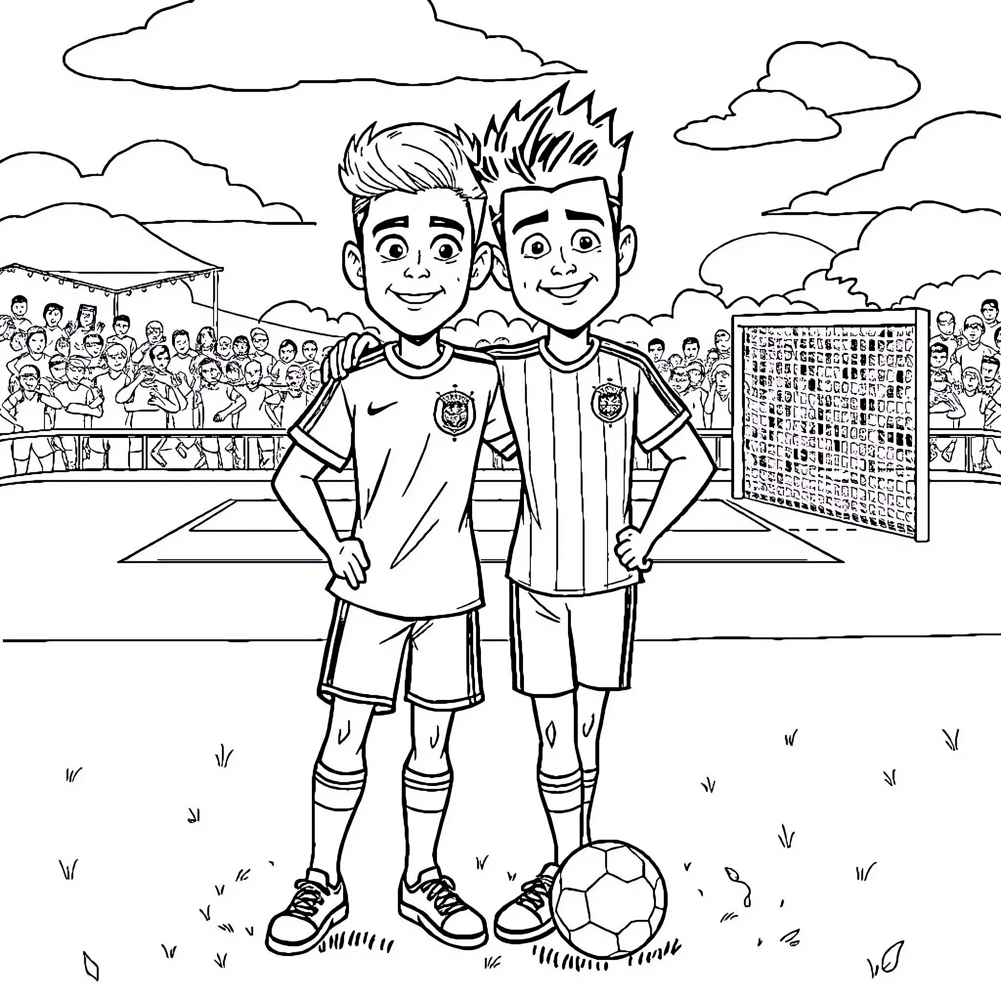 Mark Evans playing soccer with teammate in stadium Coloring Page (free black-and-white line drawing printable PDF for all, from beginners to advanced learners, including children, teens, adults, and seniors)