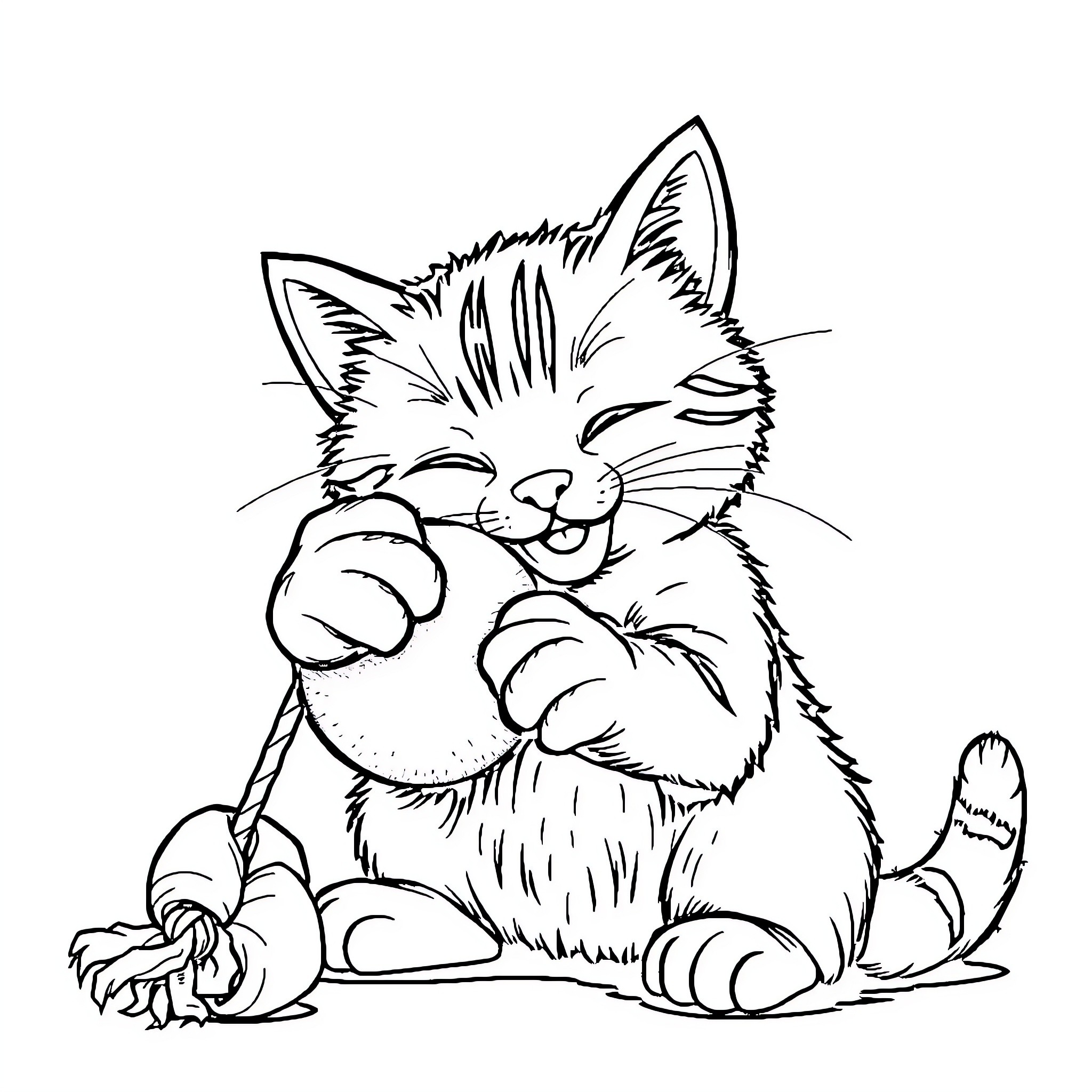 Cat Happily Playing with Ball of Yarn Coloring Page (free black-and-white line drawing printable PDF for all, from beginners to advanced learners, including children, teens, adults, and seniors)
