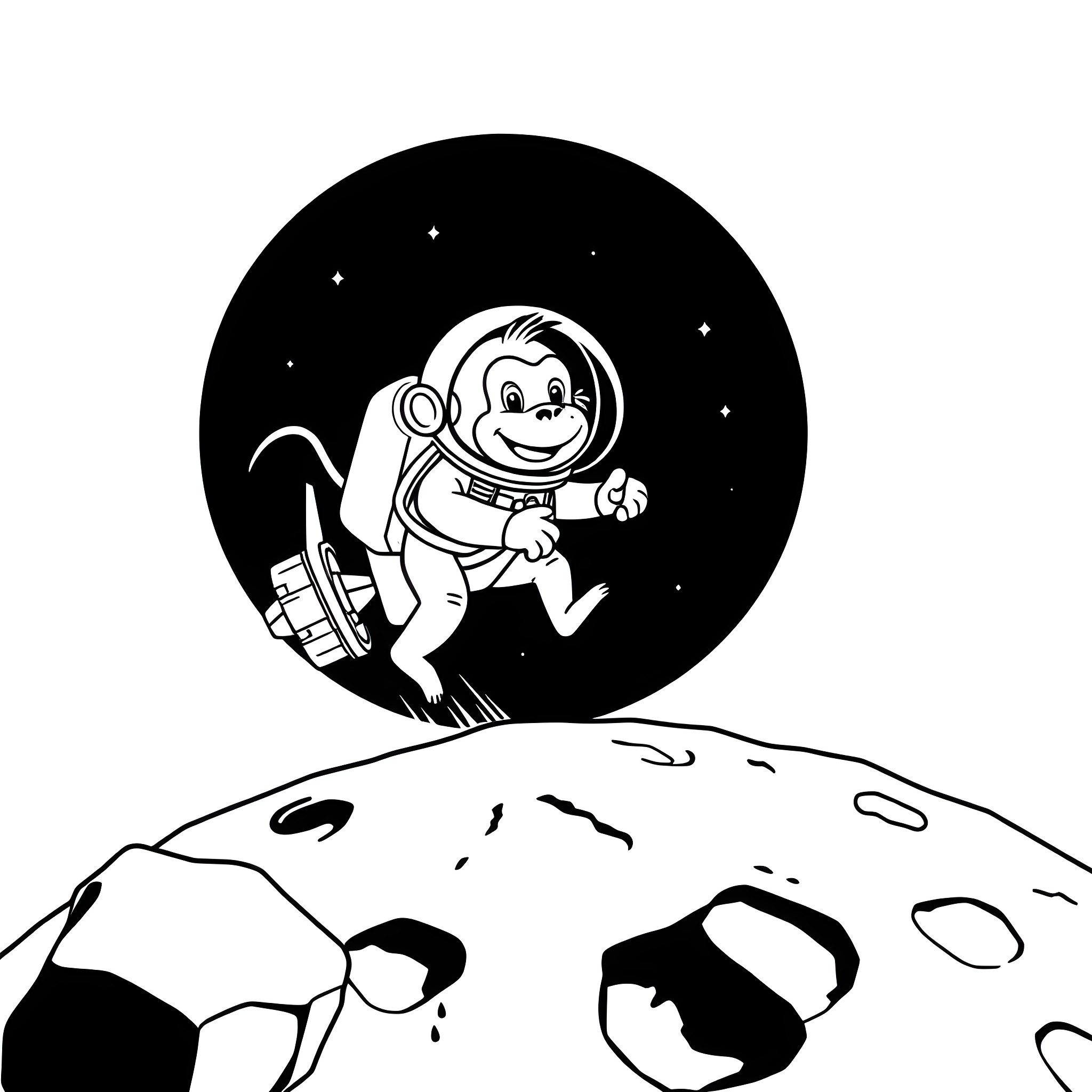 Monkey astronaut exploring the lunar surface Coloring Page (free black-and-white line drawing printable PDF for all, from beginners to advanced learners, including children, teens, adults, and seniors)