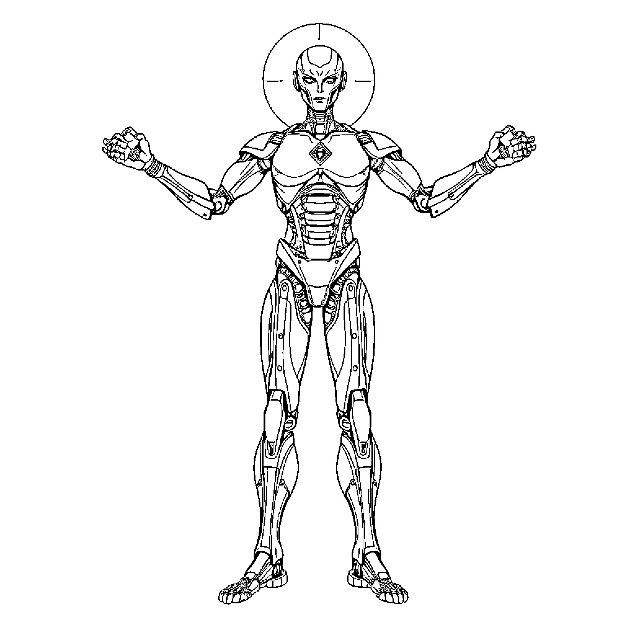 Robot warrior in fighting stance Coloring Page (free black-and-white line drawing printable PDF for all, from beginners to advanced learners, including children, teens, adults, and seniors)