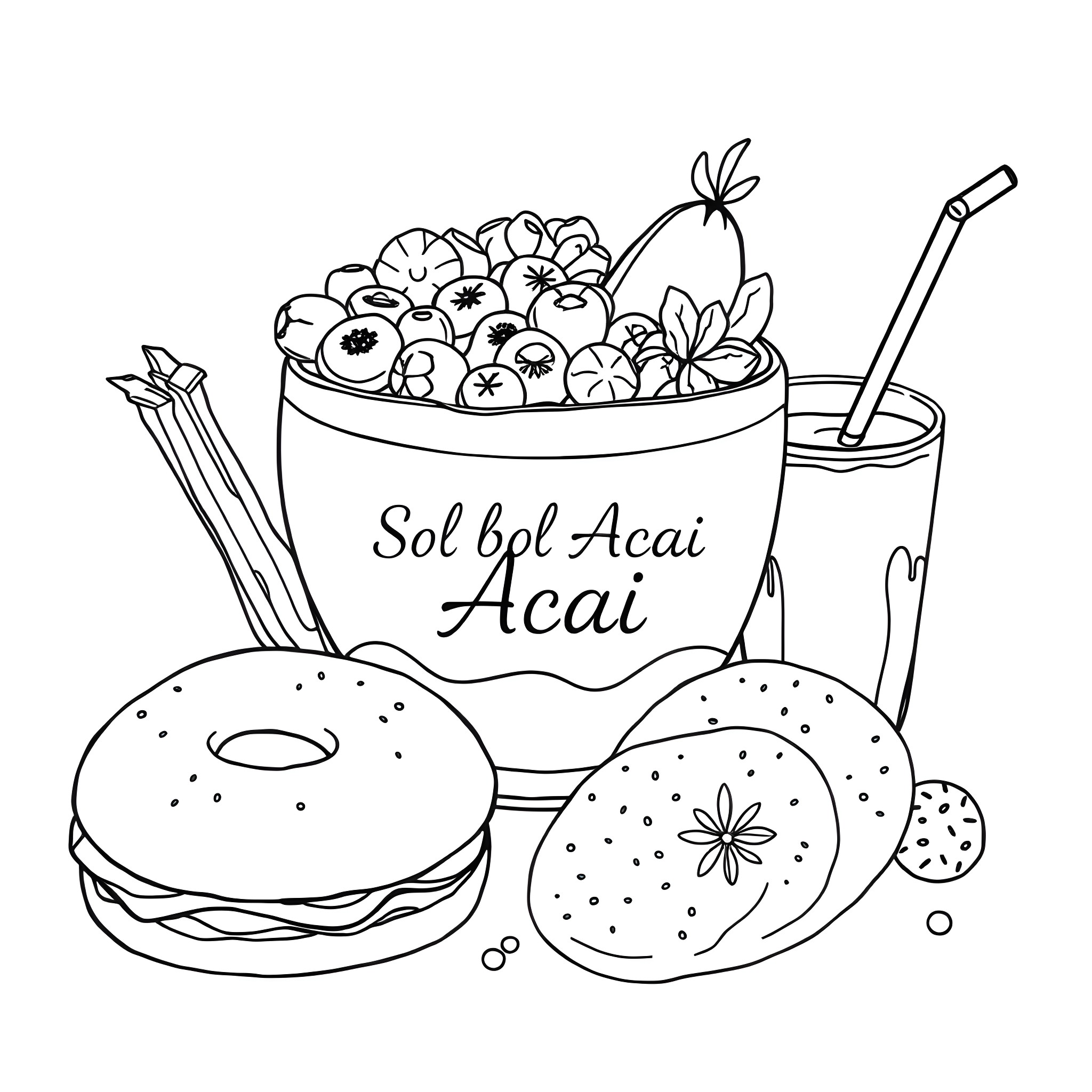 Food items and beverages presented stylishly Coloring Page (free black-and-white line drawing printable PDF for all, from beginners to advanced learners, including children, teens, adults, and seniors)