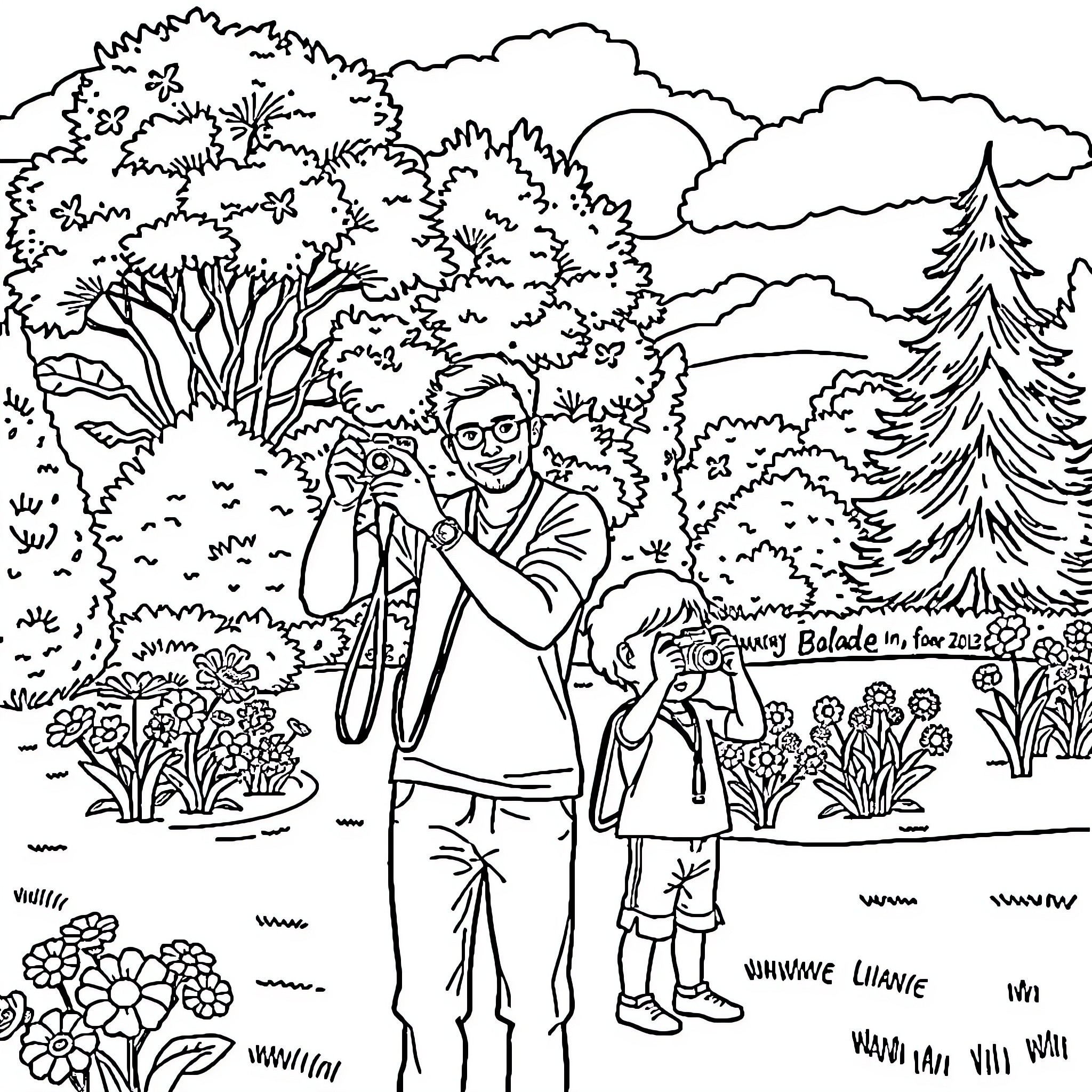 Dad and child explore nature in the park Coloring Page (free black-and-white line drawing printable PDF for all, from beginners to advanced learners, including children, teens, adults, and seniors)