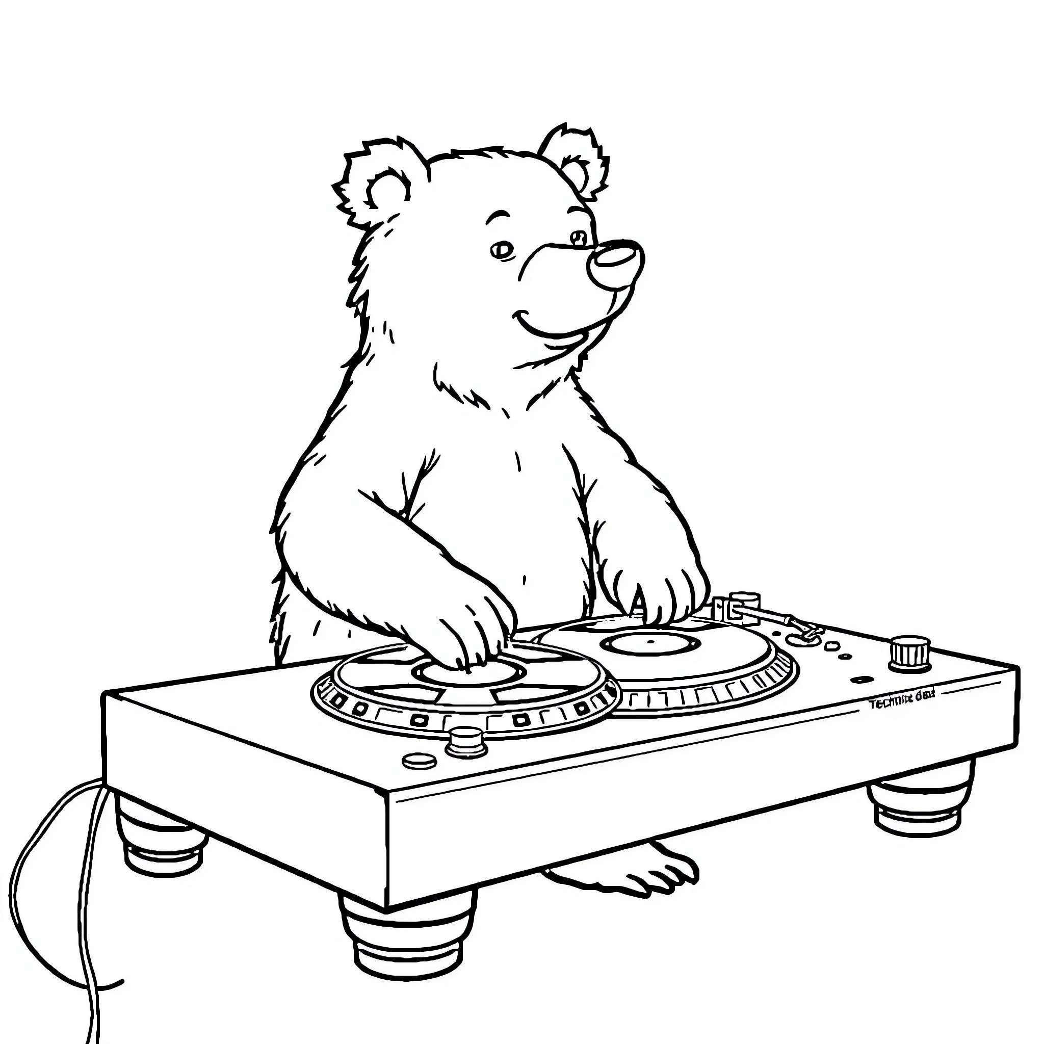 Bear DJ spinning tunes on turntable Coloring Page (free black-and-white line drawing printable PDF for all, from beginners to advanced learners, including children, teens, adults, and seniors)