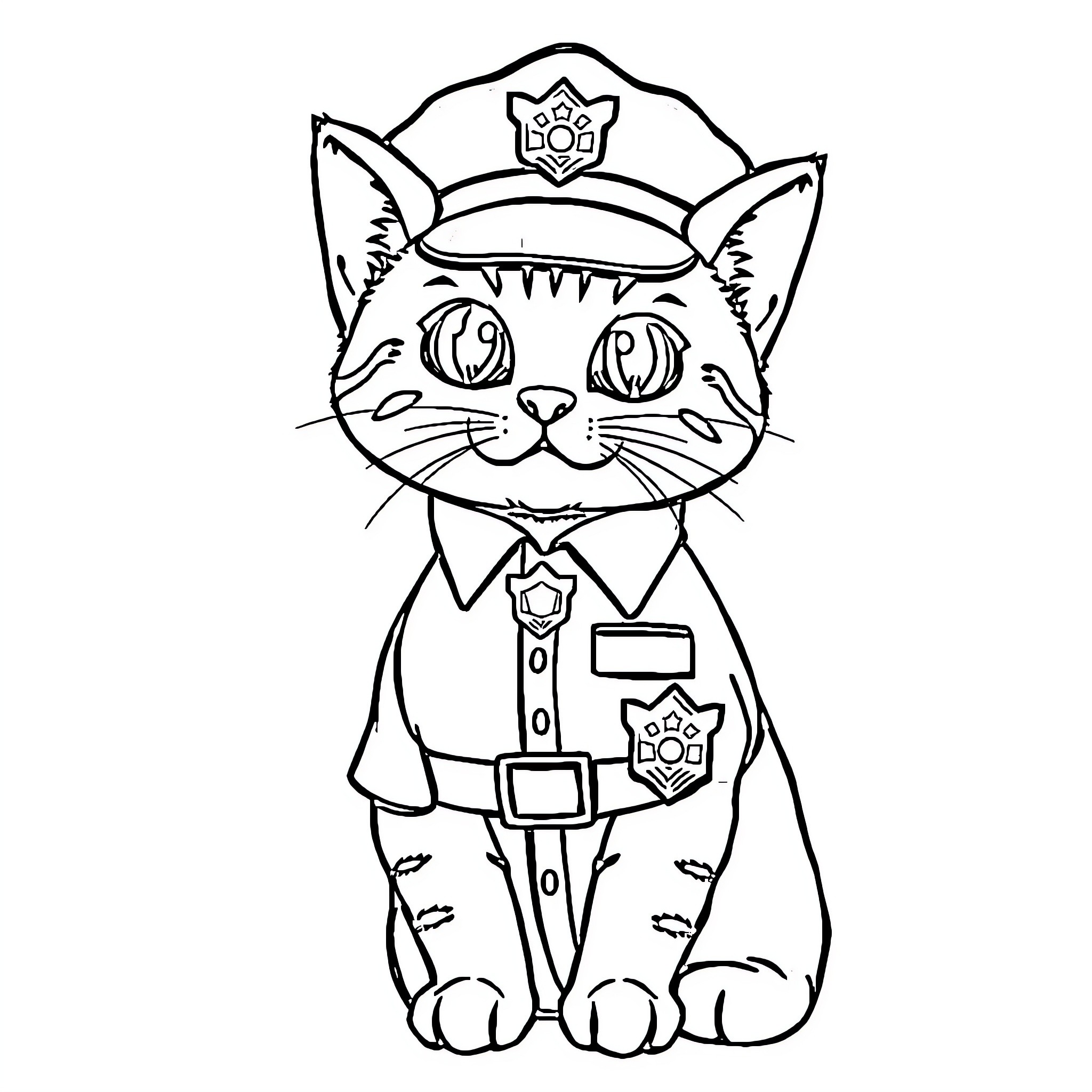 Police Cat Officer in Uniform Coloring Page (free black-and-white line drawing printable PDF for all, from beginners to advanced learners, including children, teens, adults, and seniors)