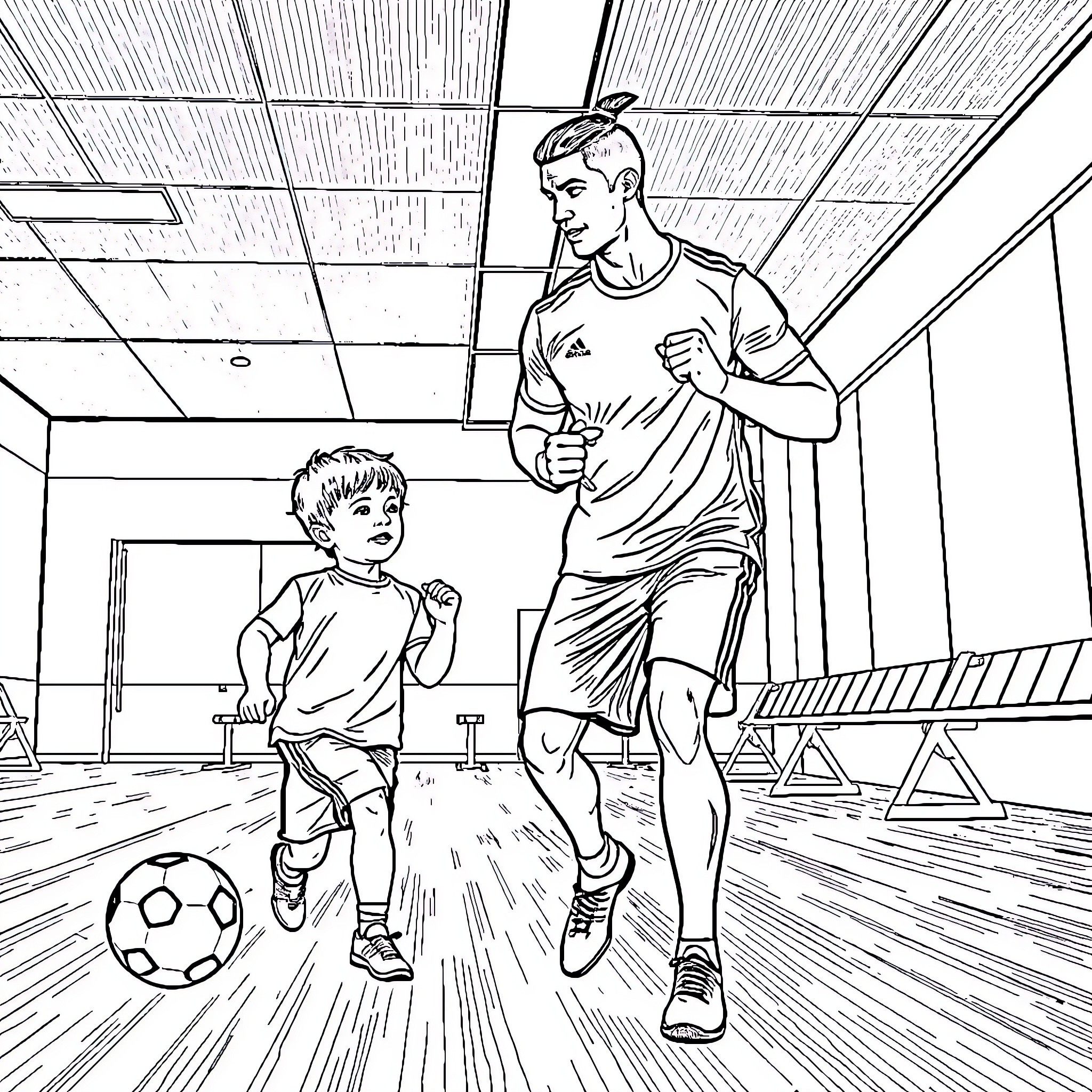 Cristiano Ronaldo Playing Soccer with a Young Fan Coloring Page (free black-and-white line drawing printable PDF for all, from beginners to advanced learners, including children, teens, adults, and seniors)