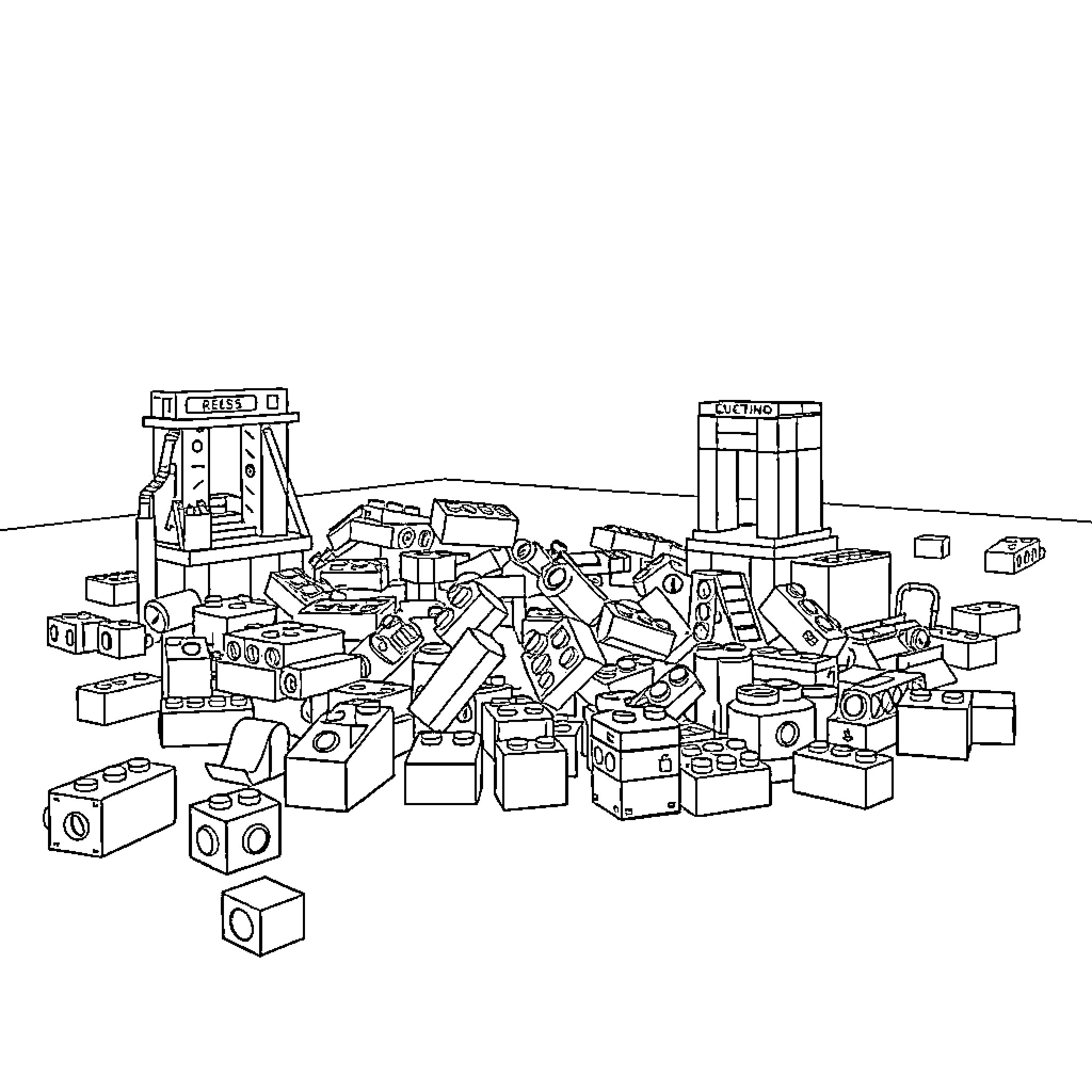 Lego construction site with scattered bricks and debris Coloring Page (free black-and-white line drawing printable PDF for all, from beginners to advanced learners, including children, teens, adults, and seniors)