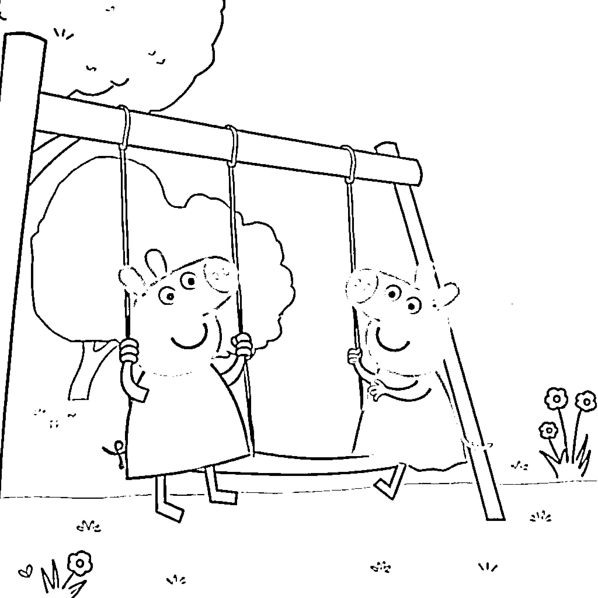 Peppa Pig and friend playing on swings in the park Coloring Page (free black-and-white line drawing printable PDF for all, from beginners to advanced learners, including children, teens, adults, and seniors)