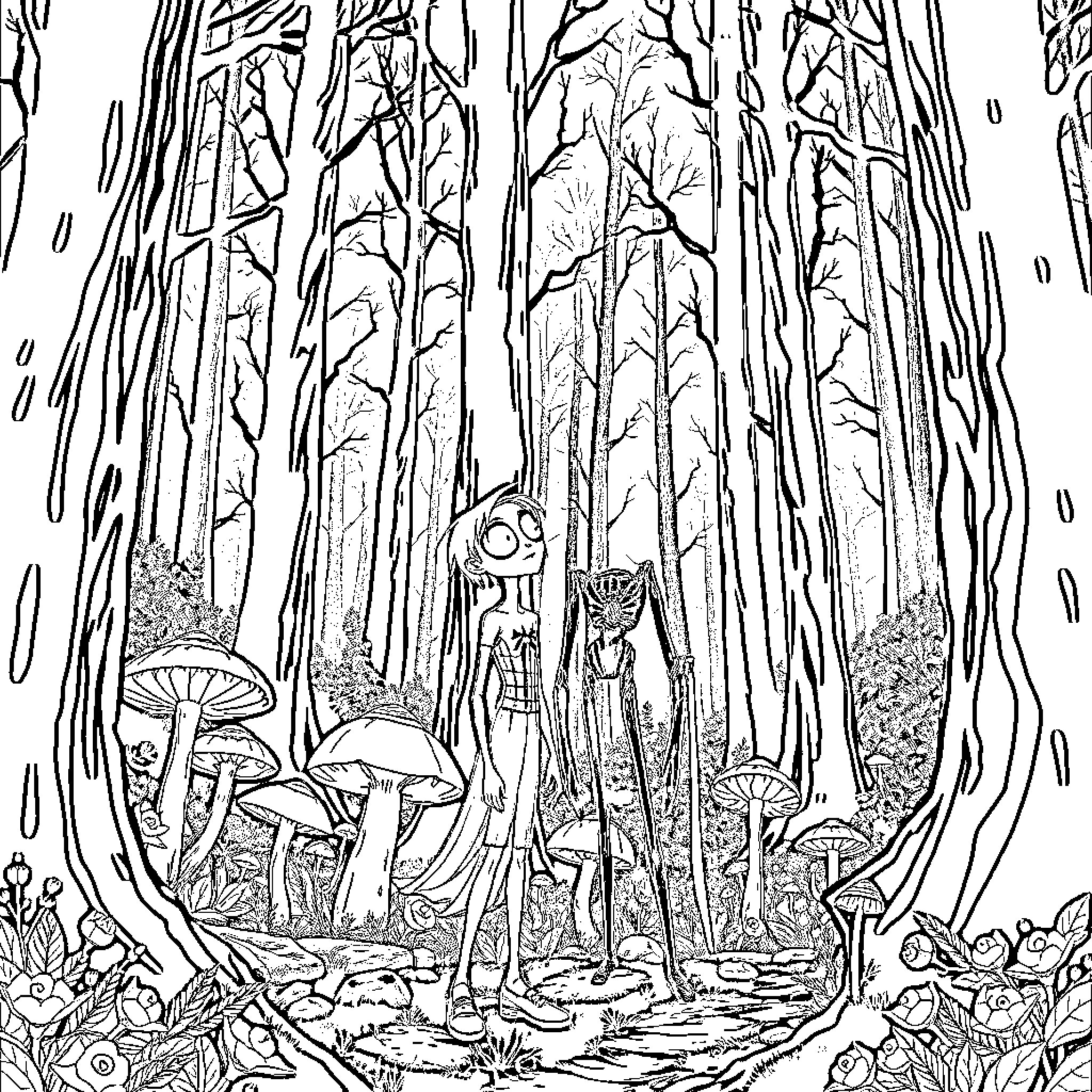 Coraline exploring the eerie, fantastical forest Coloring Page (free black-and-white line drawing printable PDF for all, from beginners to advanced learners, including children, teens, adults, and seniors)