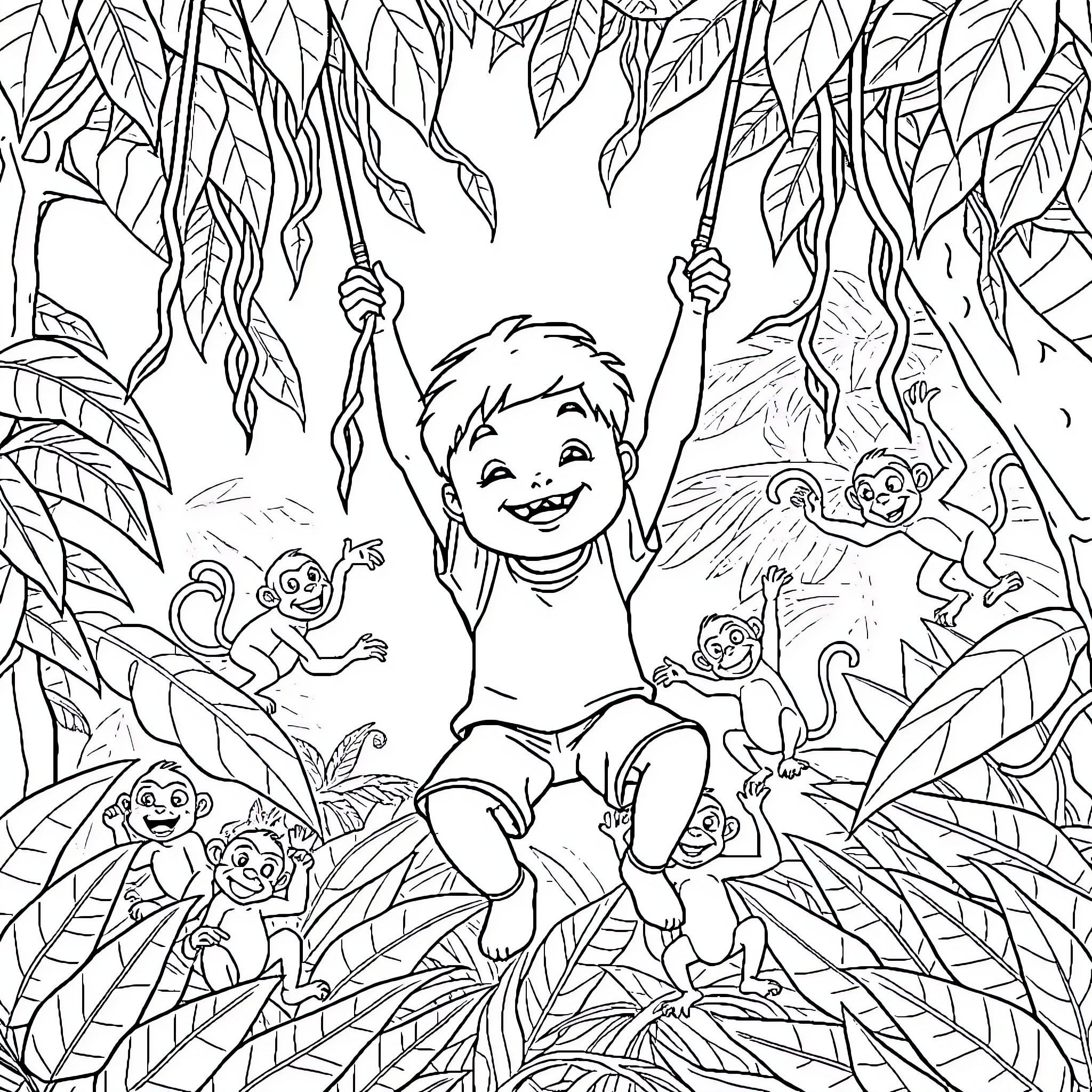 Boy playing happily with monkeys in the jungle Coloring Page (free black-and-white line drawing printable PDF for all, from beginners to advanced learners, including children, teens, adults, and seniors)
