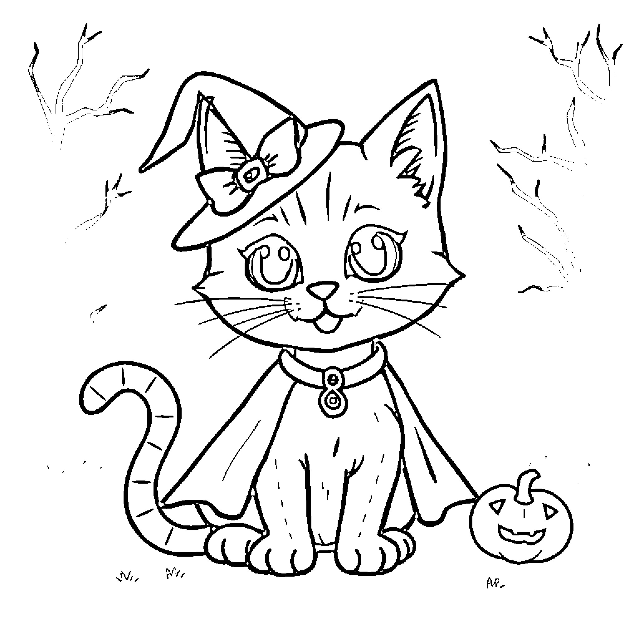 Cat wearing Halloween costume with pumpkin Coloring Page (free black-and-white line drawing printable PDF for all, from beginners to advanced learners, including children, teens, adults, and seniors)