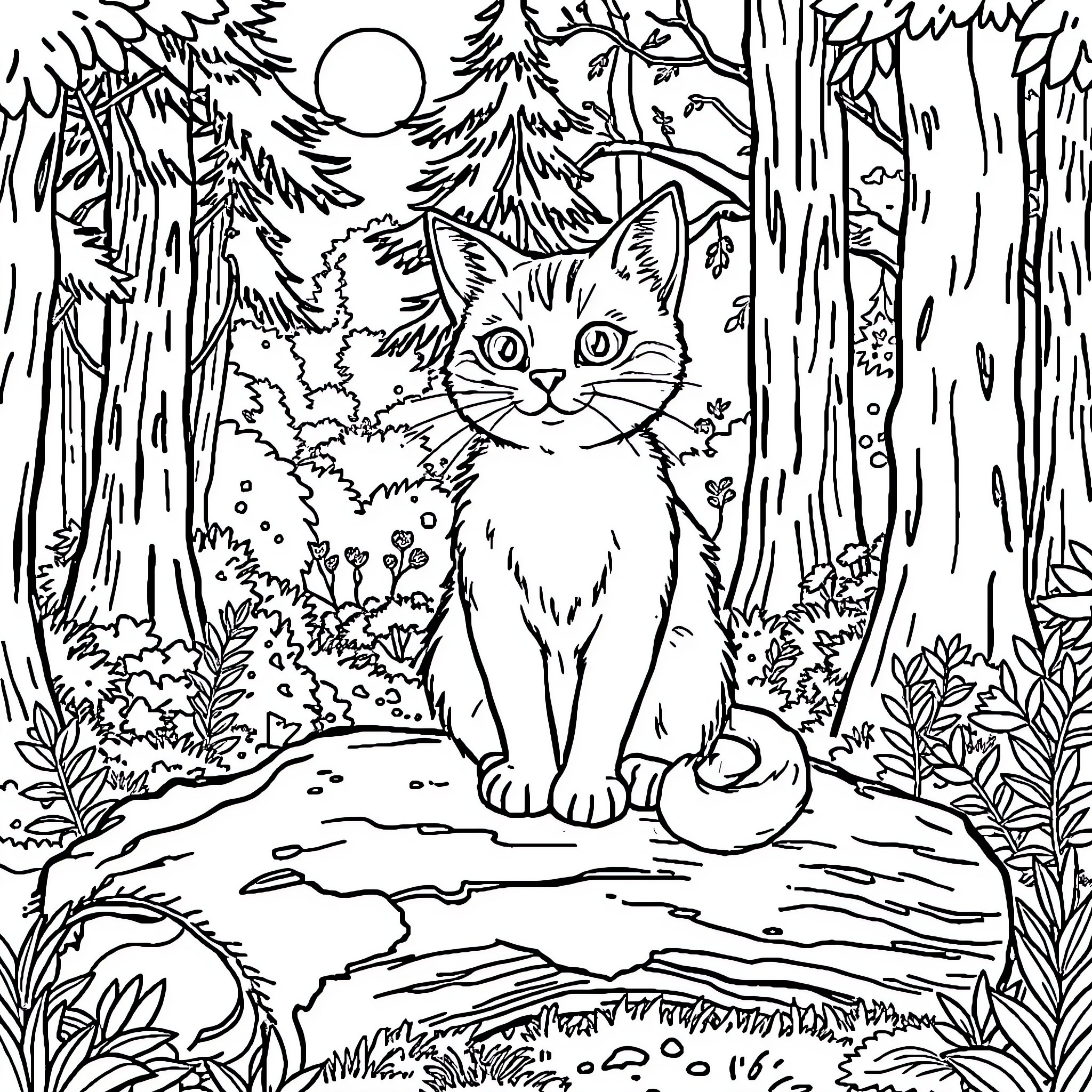 Cat in the Enchanted Forest Coloring Page (free black-and-white line drawing printable PDF for all, from beginners to advanced learners, including children, teens, adults, and seniors)