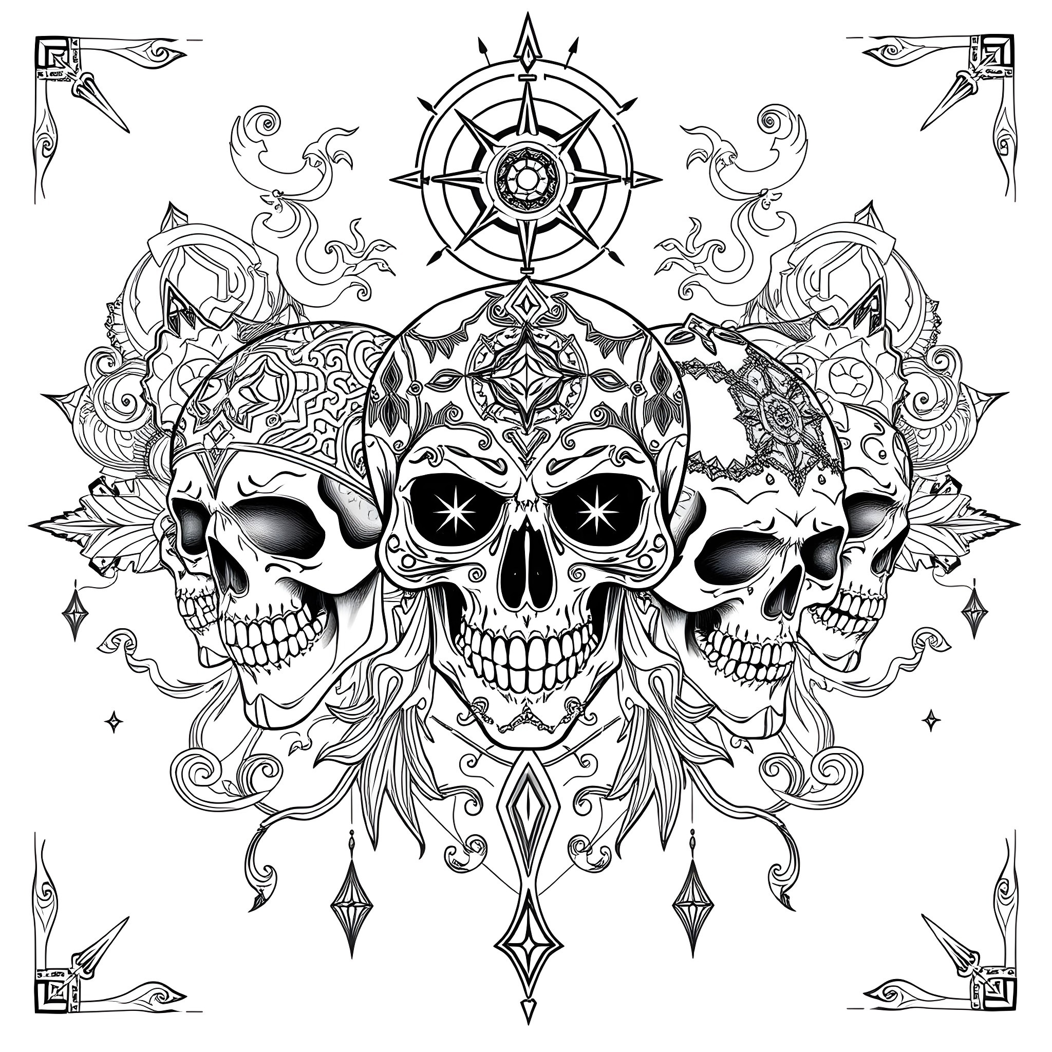 Skull with Ornate Patterns and Compass Coloring Page (free black-and-white line drawing printable PDF for all, from beginners to advanced learners, including children, teens, adults, and seniors)