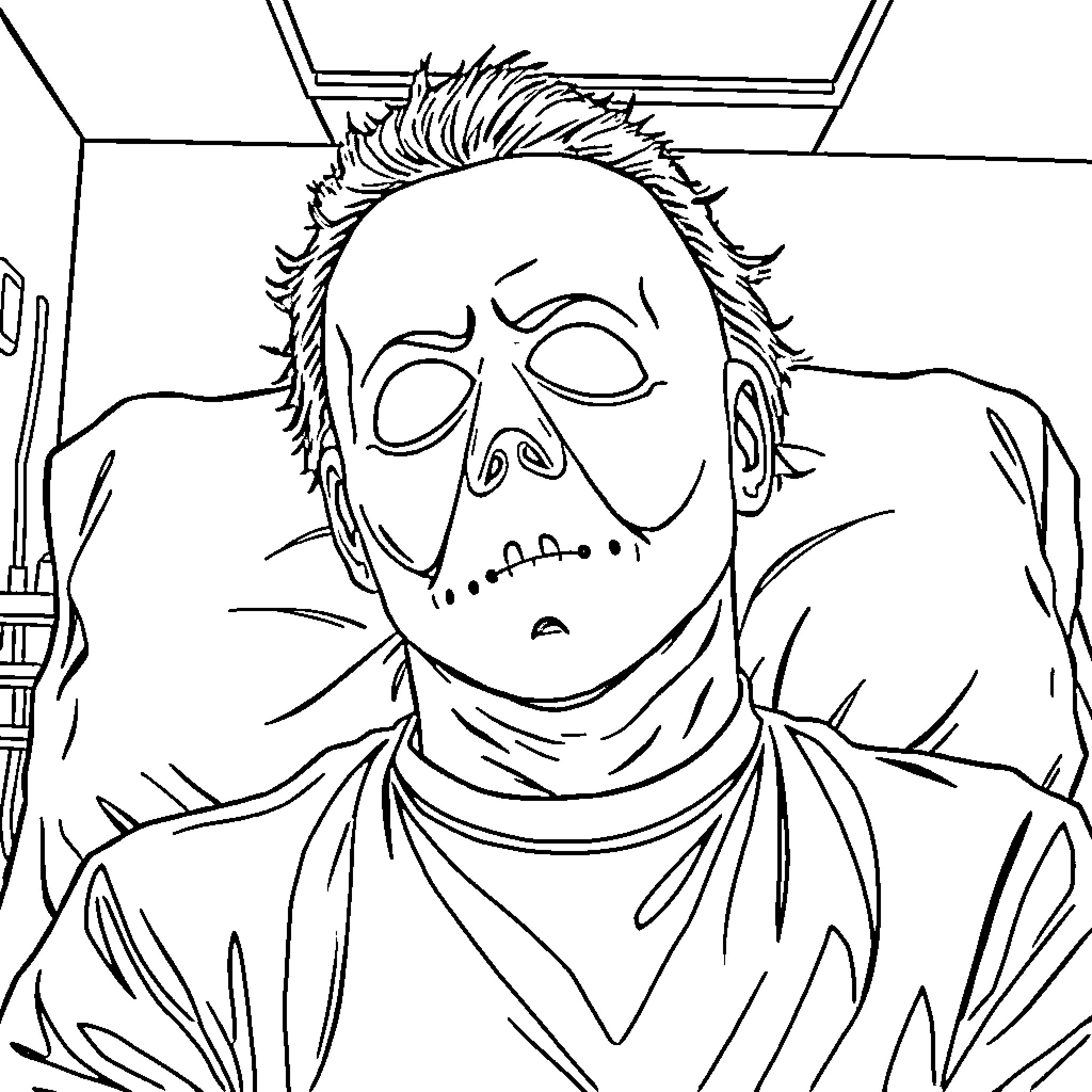 Michael Myers' Unsettling Appearance and Outfit Coloring Page (free black-and-white line drawing printable PDF for all, from beginners to advanced learners, including children, teens, adults, and seniors)