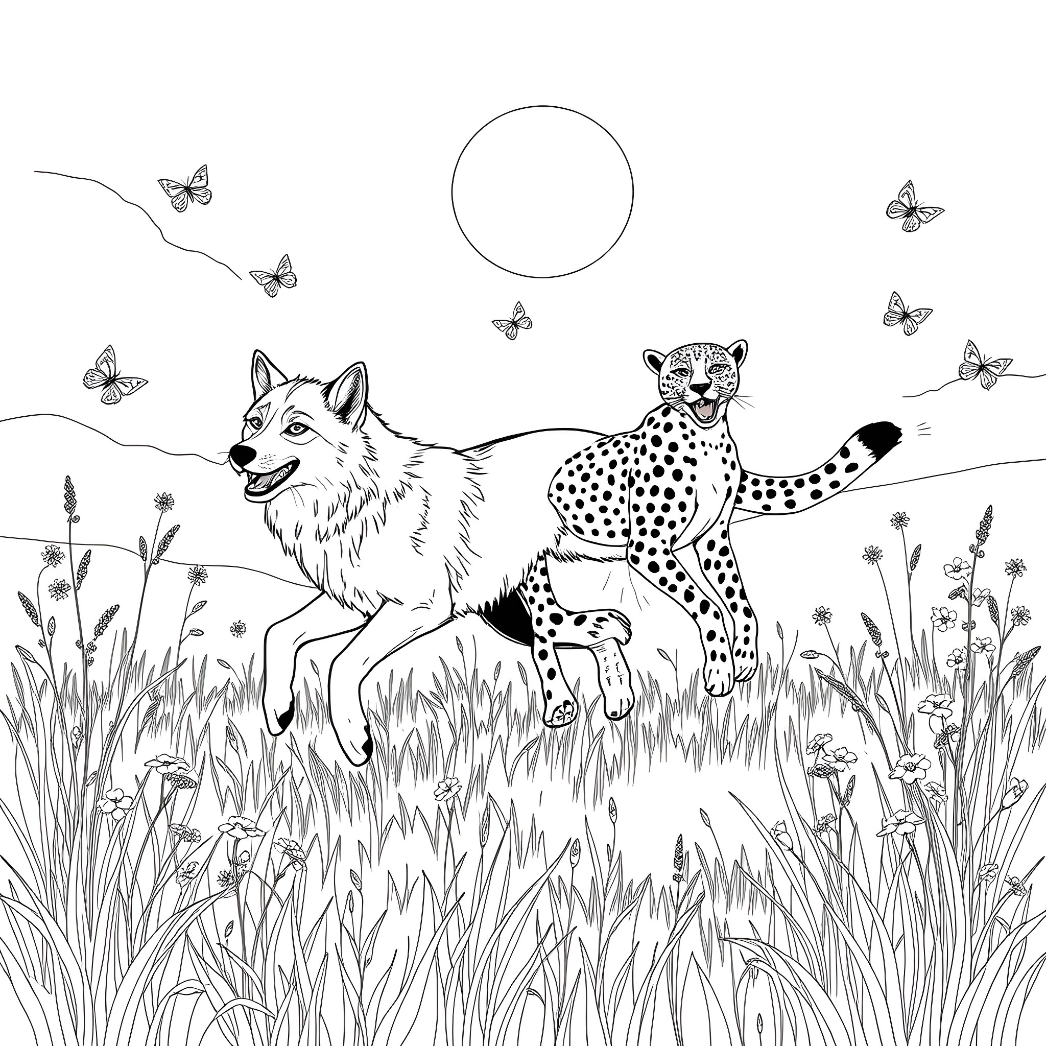 Wolf and Cheetah Roaming in the Wilderness Coloring Page (free black-and-white line drawing printable PDF for all, from beginners to advanced learners, including children, teens, adults, and seniors)