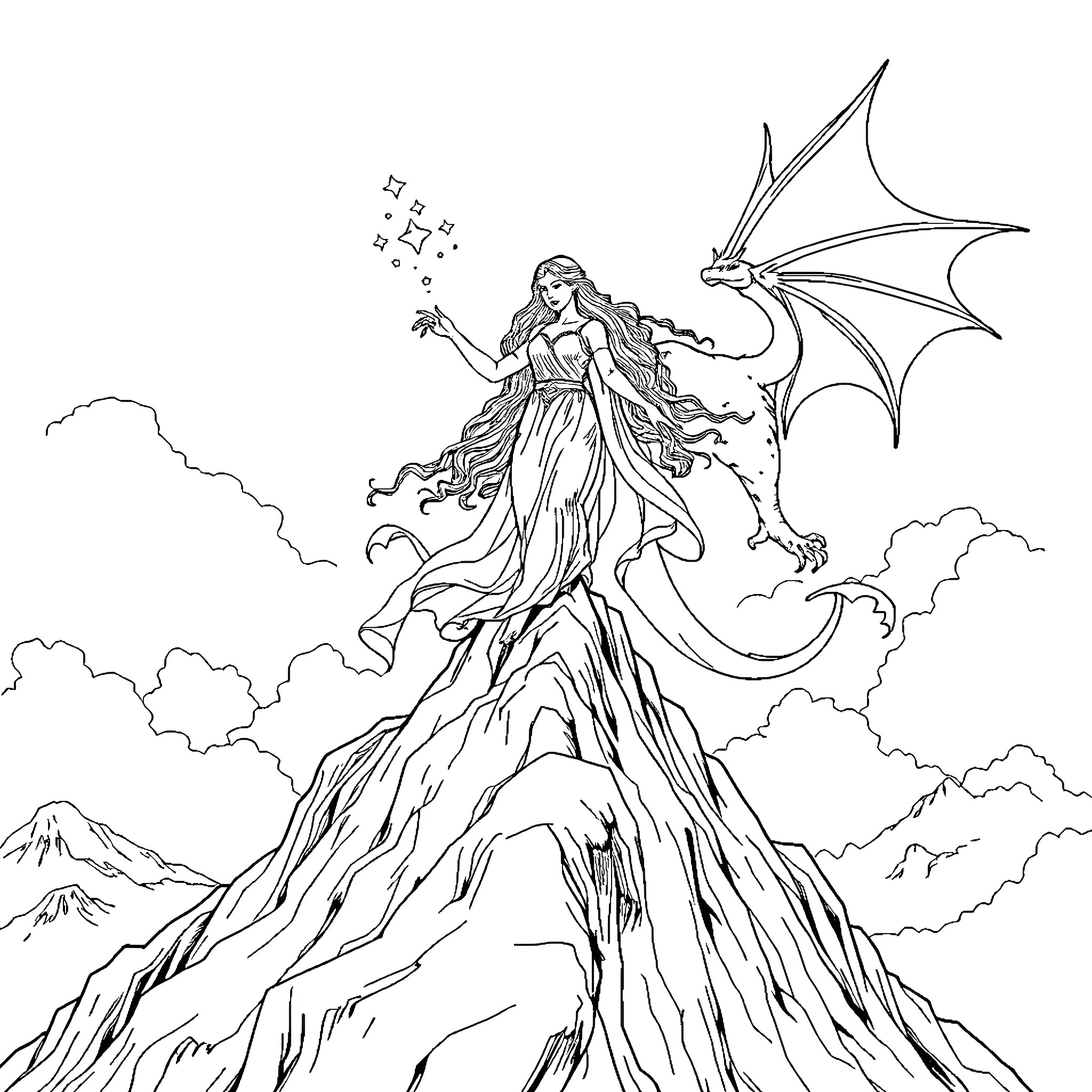 Freyja, the Valkyrie Goddess, Soaring Among the Clouds Coloring Page (free black-and-white line drawing printable PDF for all, from beginners to advanced learners, including children, teens, adults, and seniors)