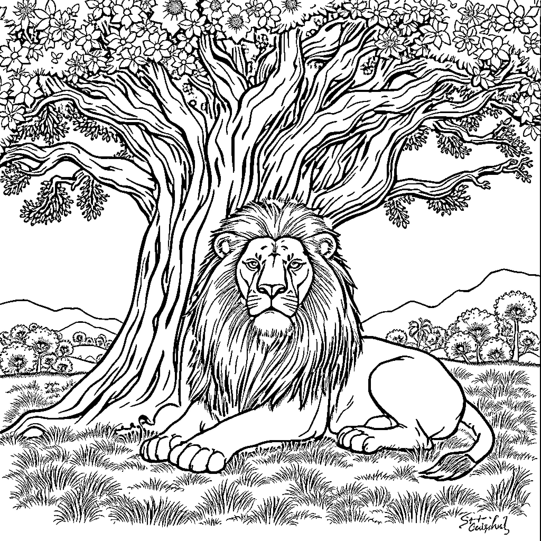 Lion resting under the majestic tree Coloring Page (free black-and-white line drawing printable PDF for all, from beginners to advanced learners, including children, teens, adults, and seniors)