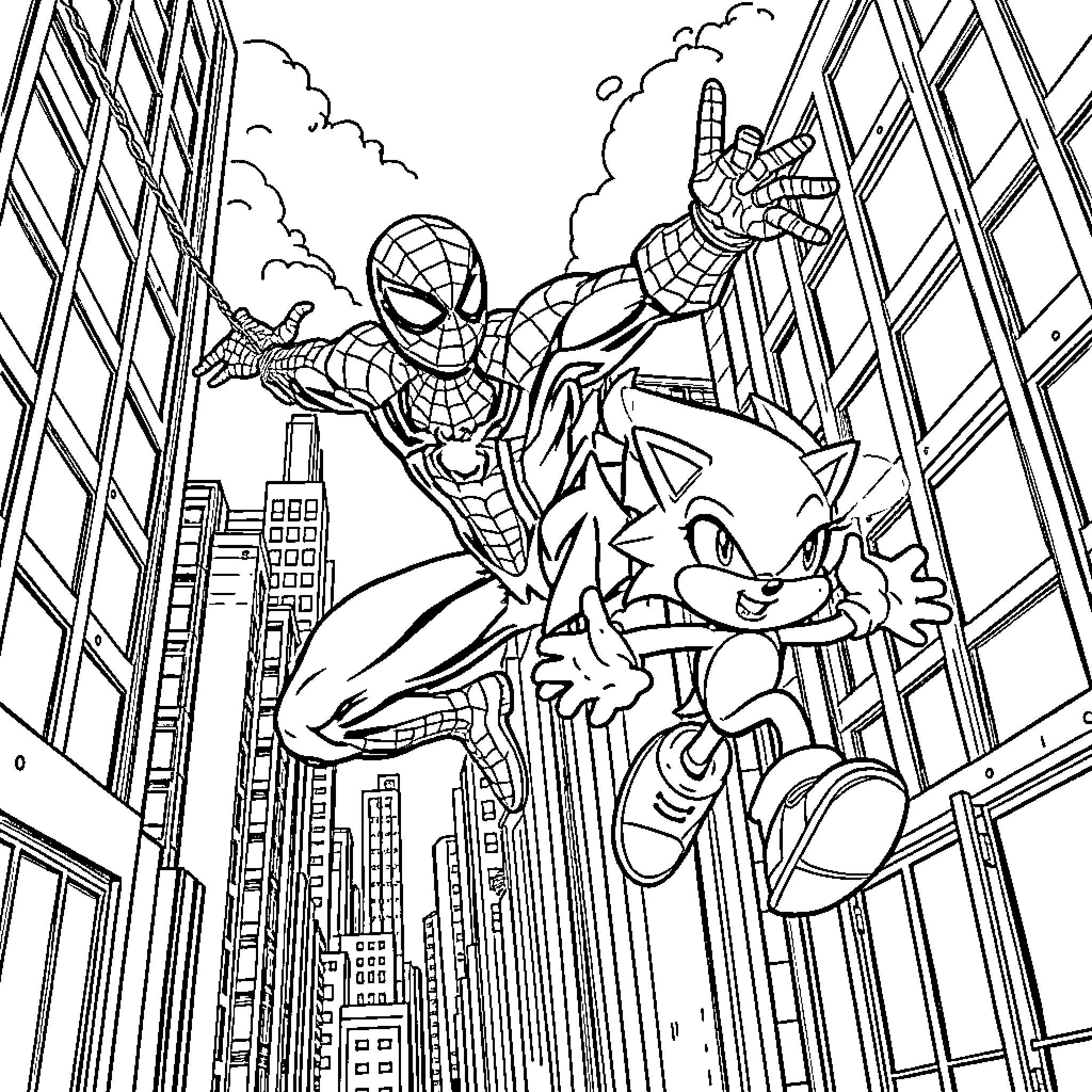 Spider-Man swinging through the city with Sonic the Hedgehog Coloring Page (free black-and-white line drawing printable PDF for all, from beginners to advanced learners, including children, teens, adults, and seniors)