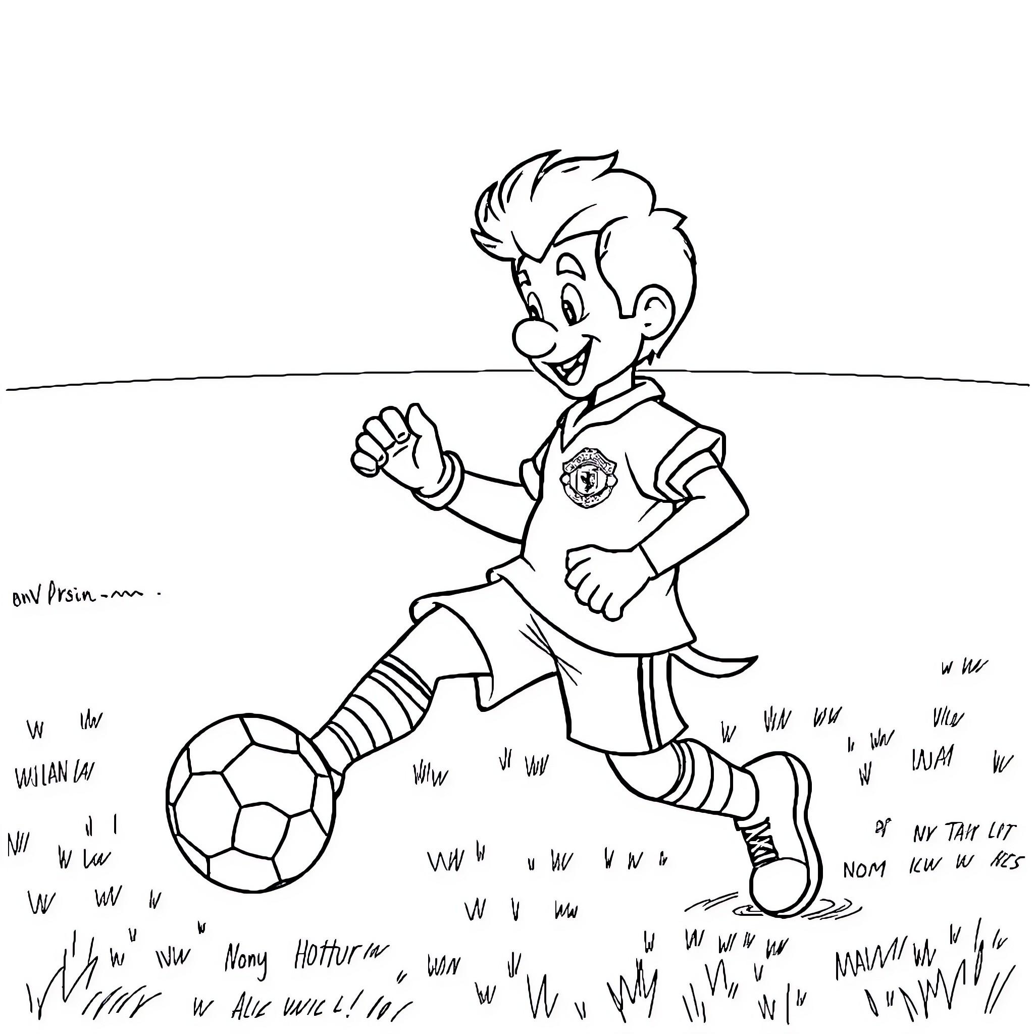 Ronald playing soccer with enthusiasm on the field Coloring Page (free black-and-white line drawing printable PDF for all, from beginners to advanced learners, including children, teens, adults, and seniors)