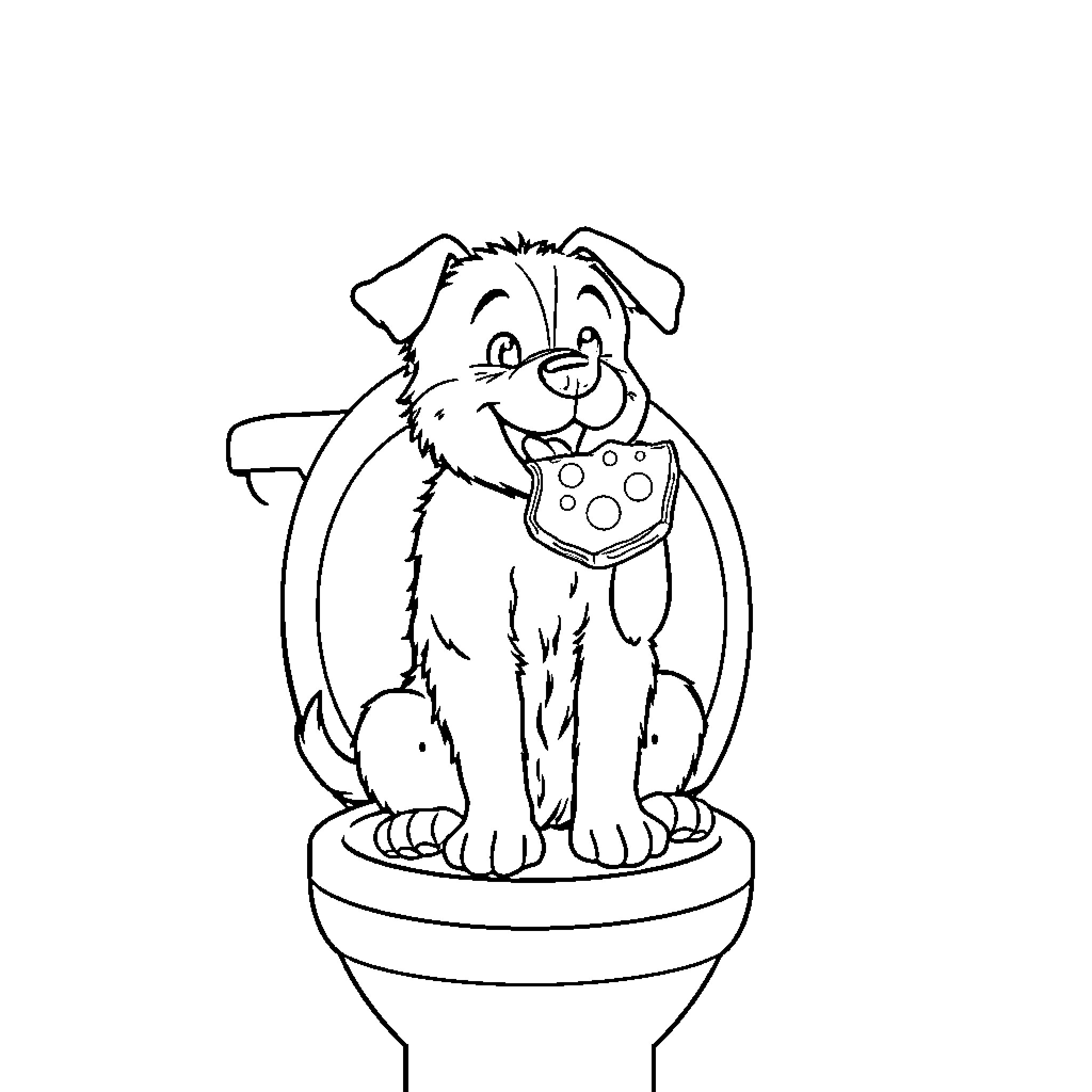 Dog on toilet seat having fun Coloring Page (free black-and-white line drawing printable PDF for all, from beginners to advanced learners, including children, teens, adults, and seniors)
