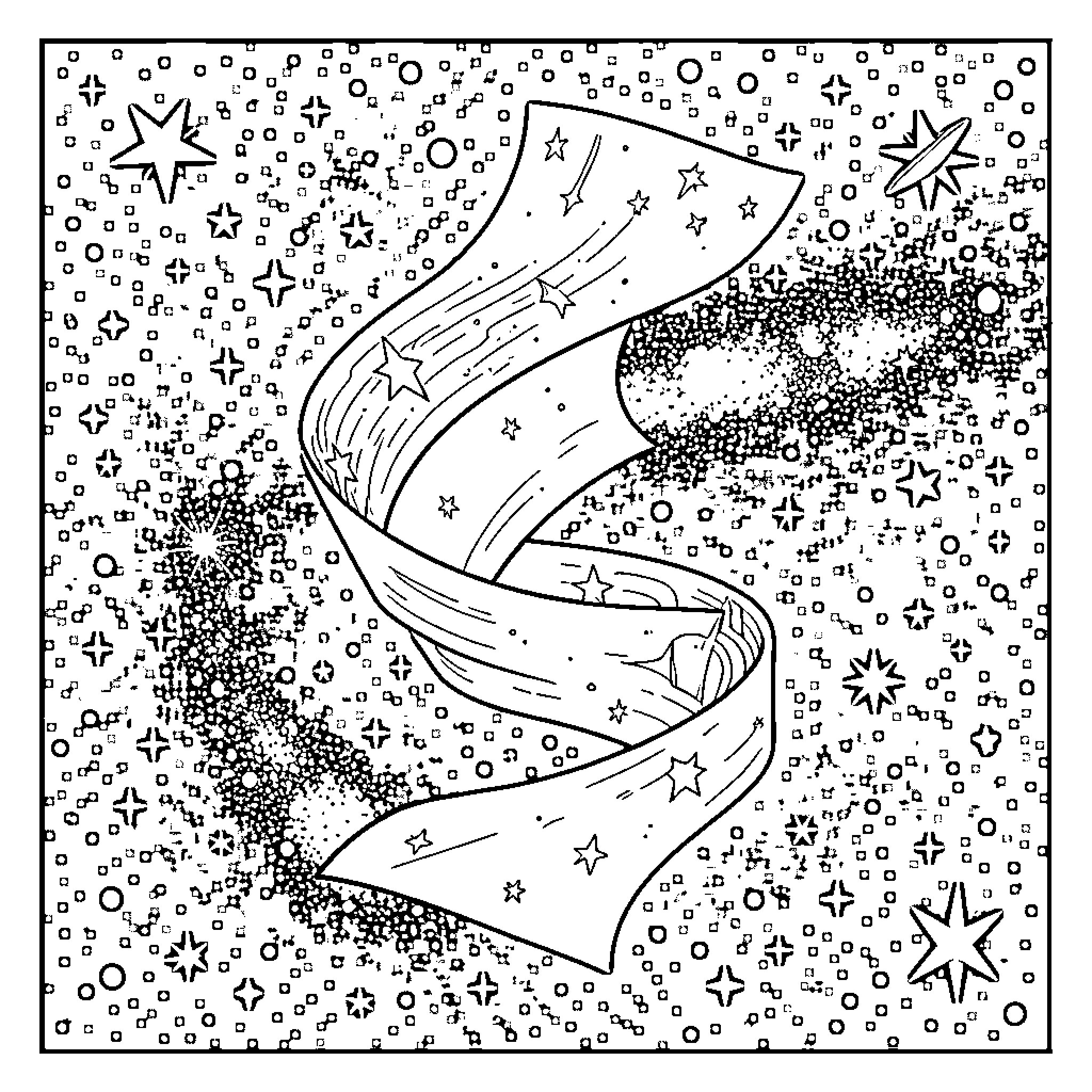 Paper Whirl of Cosmic Swirls and Starry Expressions Coloring Page (free black-and-white line drawing printable PDF for all, from beginners to advanced learners, including children, teens, adults, and seniors)