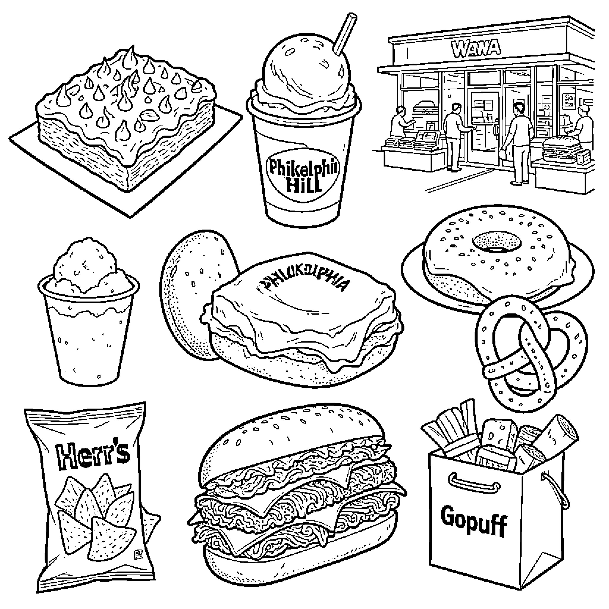 Food items and storefront arranged in a collage Coloring Page (free black-and-white line drawing printable PDF for all, from beginners to advanced learners, including children, teens, adults, and seniors)