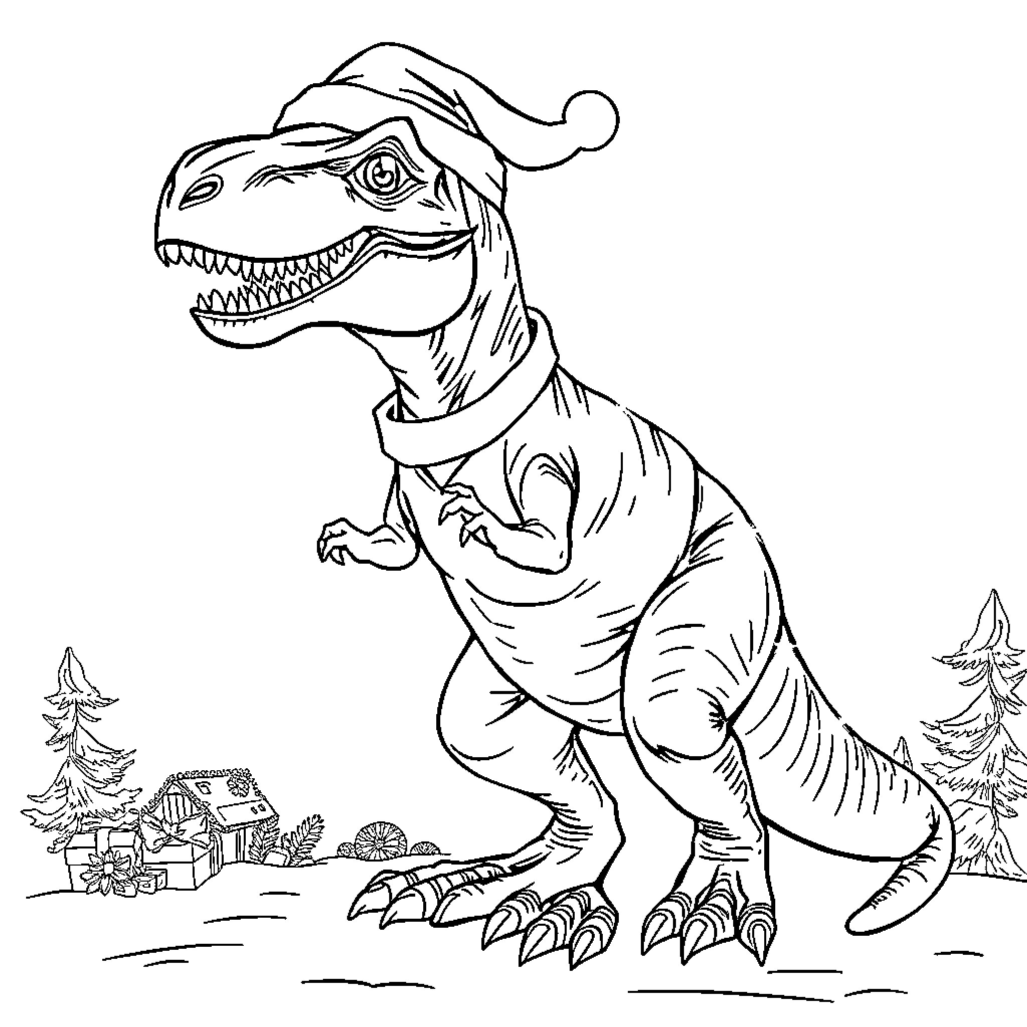 Velociraptor in Santa Hat Exploring Snowy Landscape Coloring Page (free black-and-white line drawing printable PDF for all, from beginners to advanced learners, including children, teens, adults, and seniors)