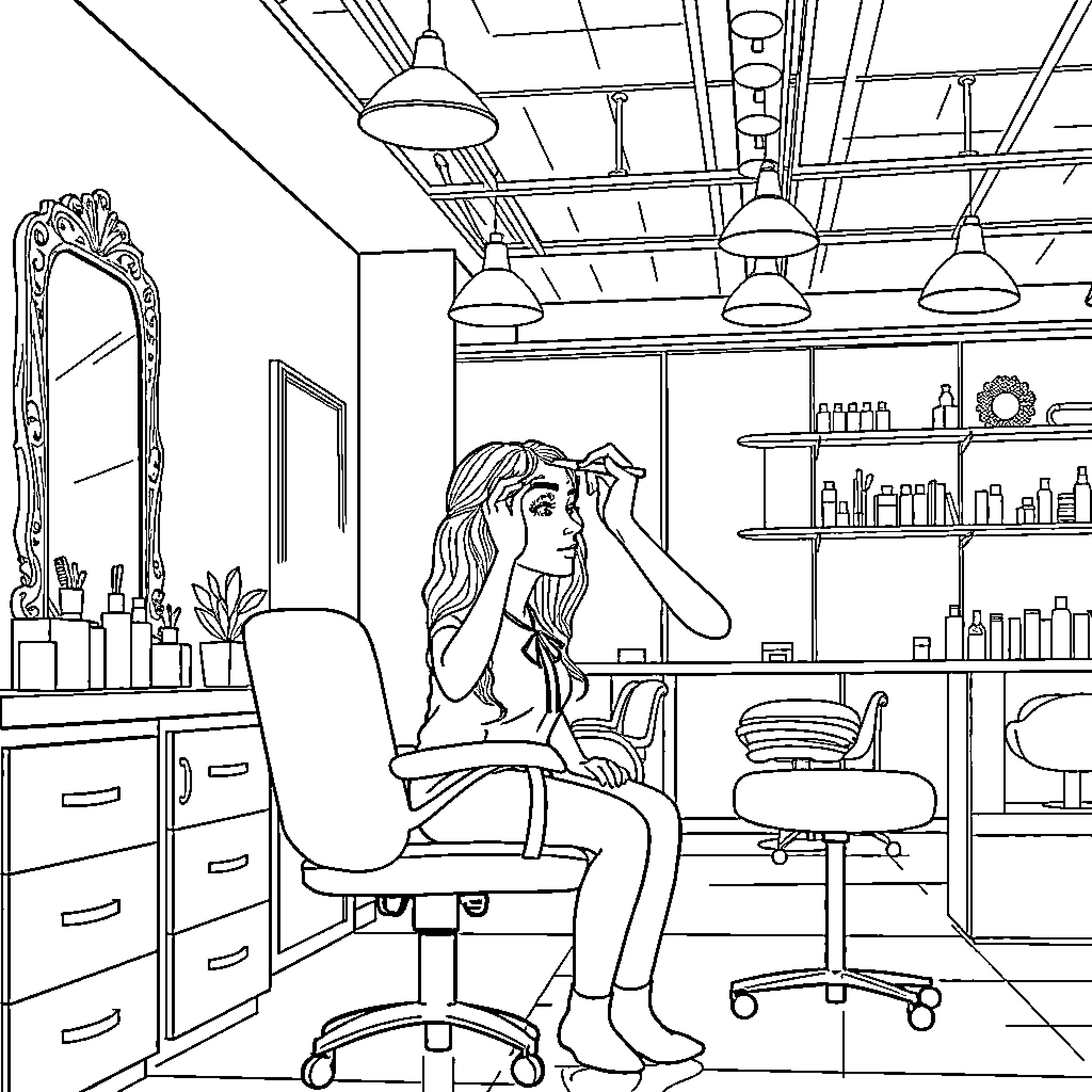 Eyebrow Threading in the Salon Coloring Page (free black-and-white line drawing printable PDF for all, from beginners to advanced learners, including children, teens, adults, and seniors)