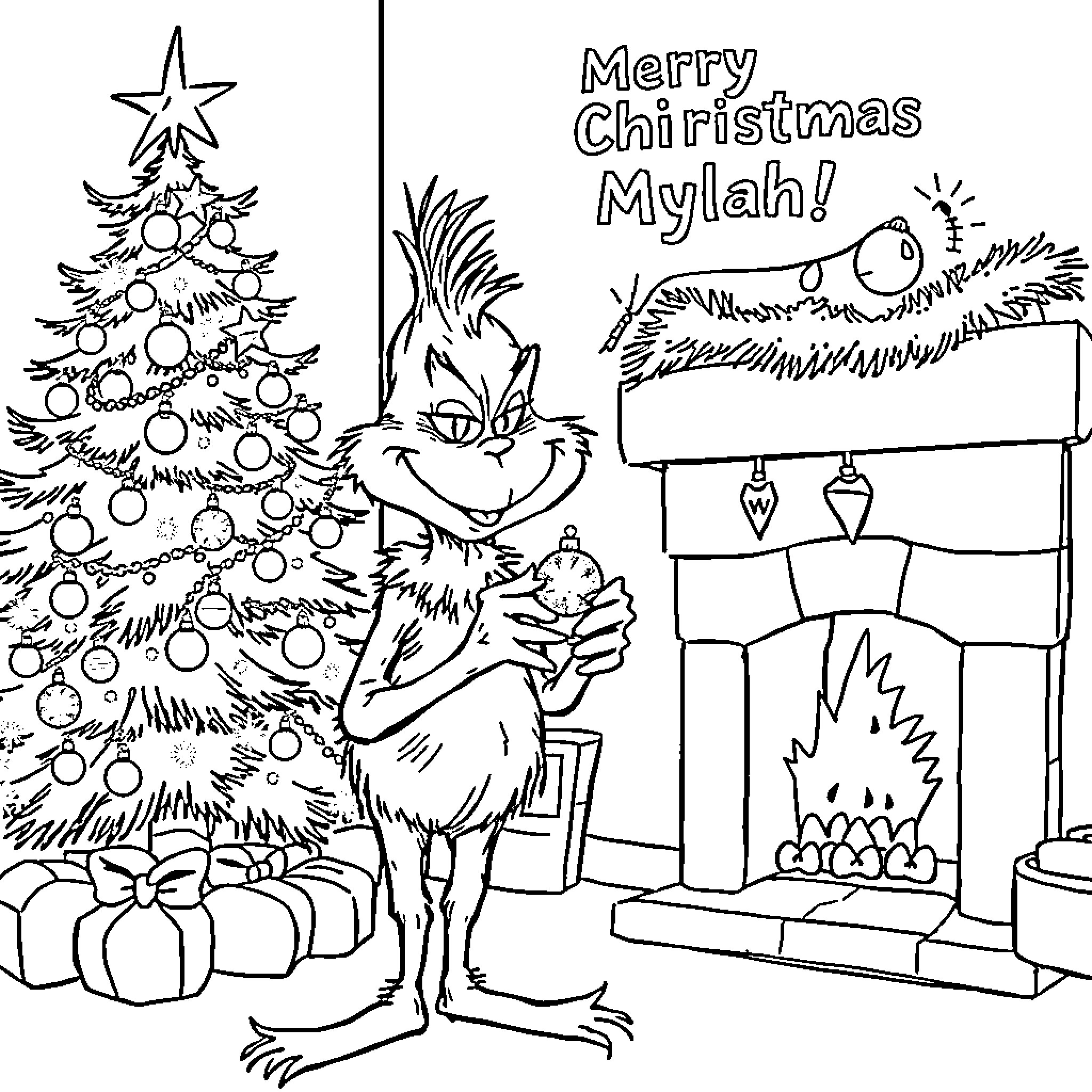 Grinch decorating Christmas tree with gifts Coloring Page (free black-and-white line drawing printable PDF for all, from beginners to advanced learners, including children, teens, adults, and seniors)