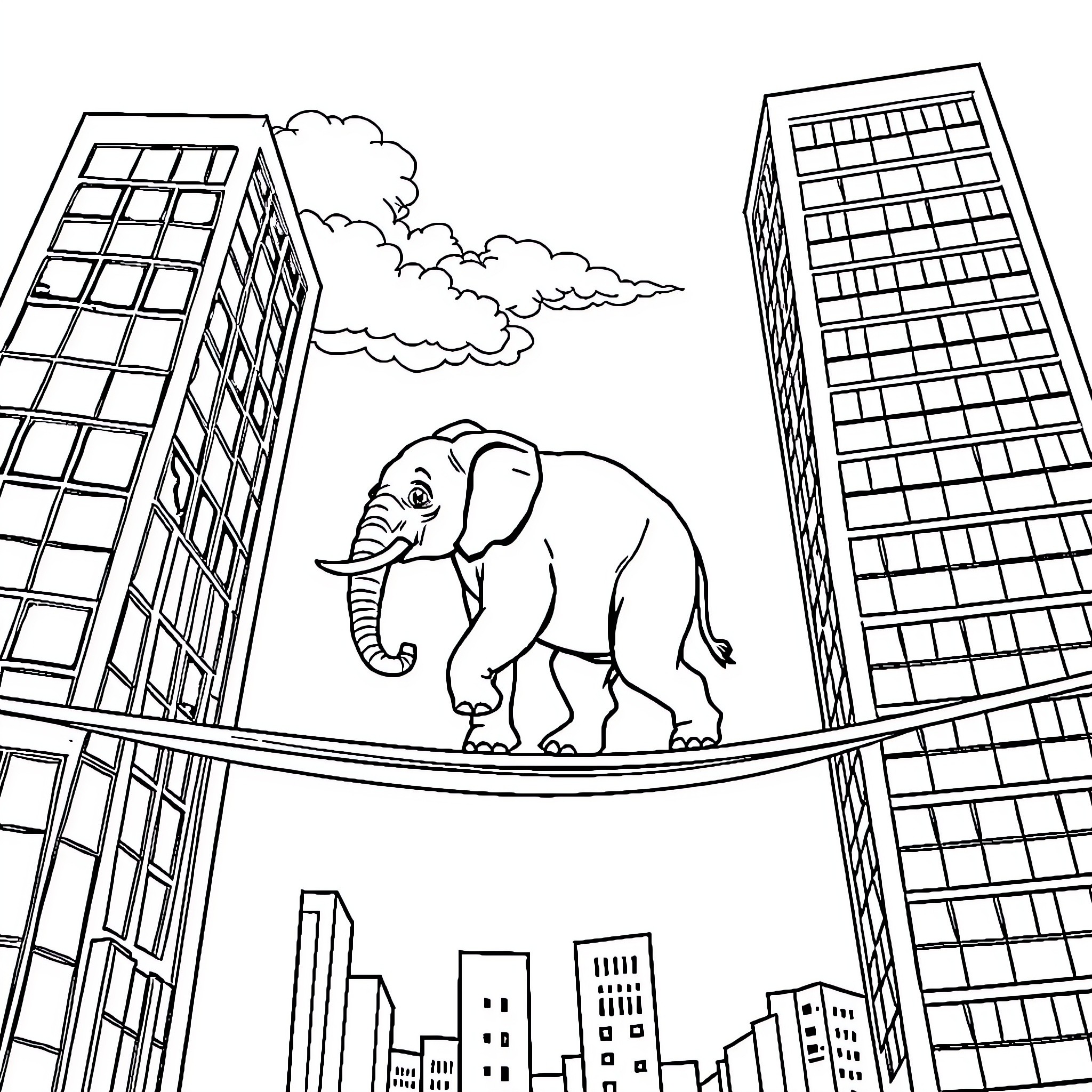 Elephant crossing the city skyline Coloring Page (free black-and-white line drawing printable PDF for all, from beginners to advanced learners, including children, teens, adults, and seniors)