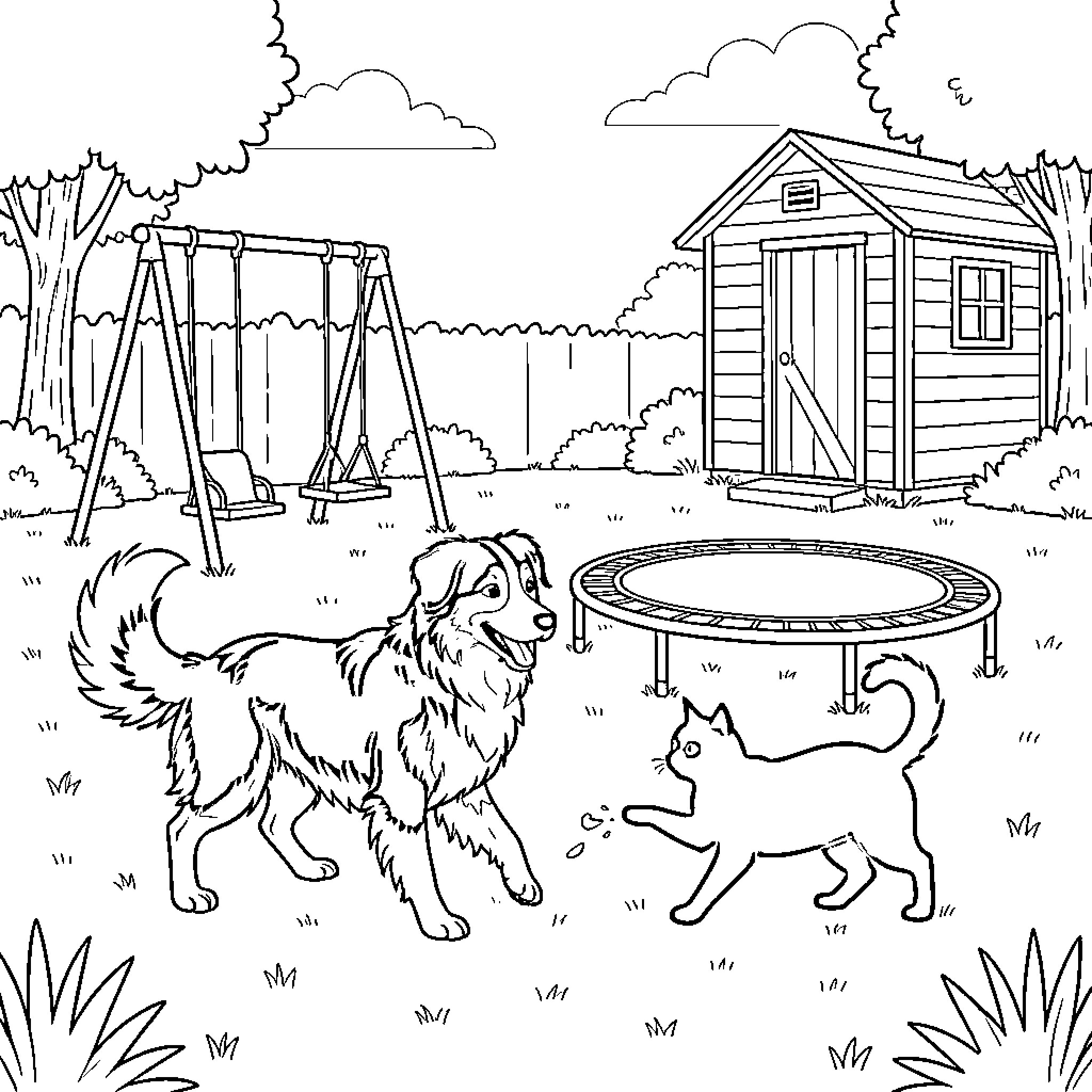 Dog and cat playing together in a backyard Coloring Page (free black-and-white line drawing printable PDF for all, from beginners to advanced learners, including children, teens, adults, and seniors)