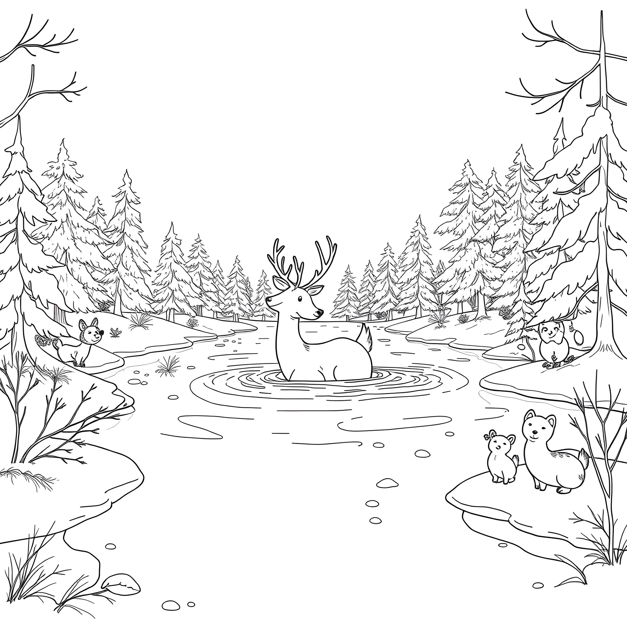 Deer standing in peaceful winter forest Coloring Page (free black-and-white line drawing printable PDF for all, from beginners to advanced learners, including children, teens, adults, and seniors)