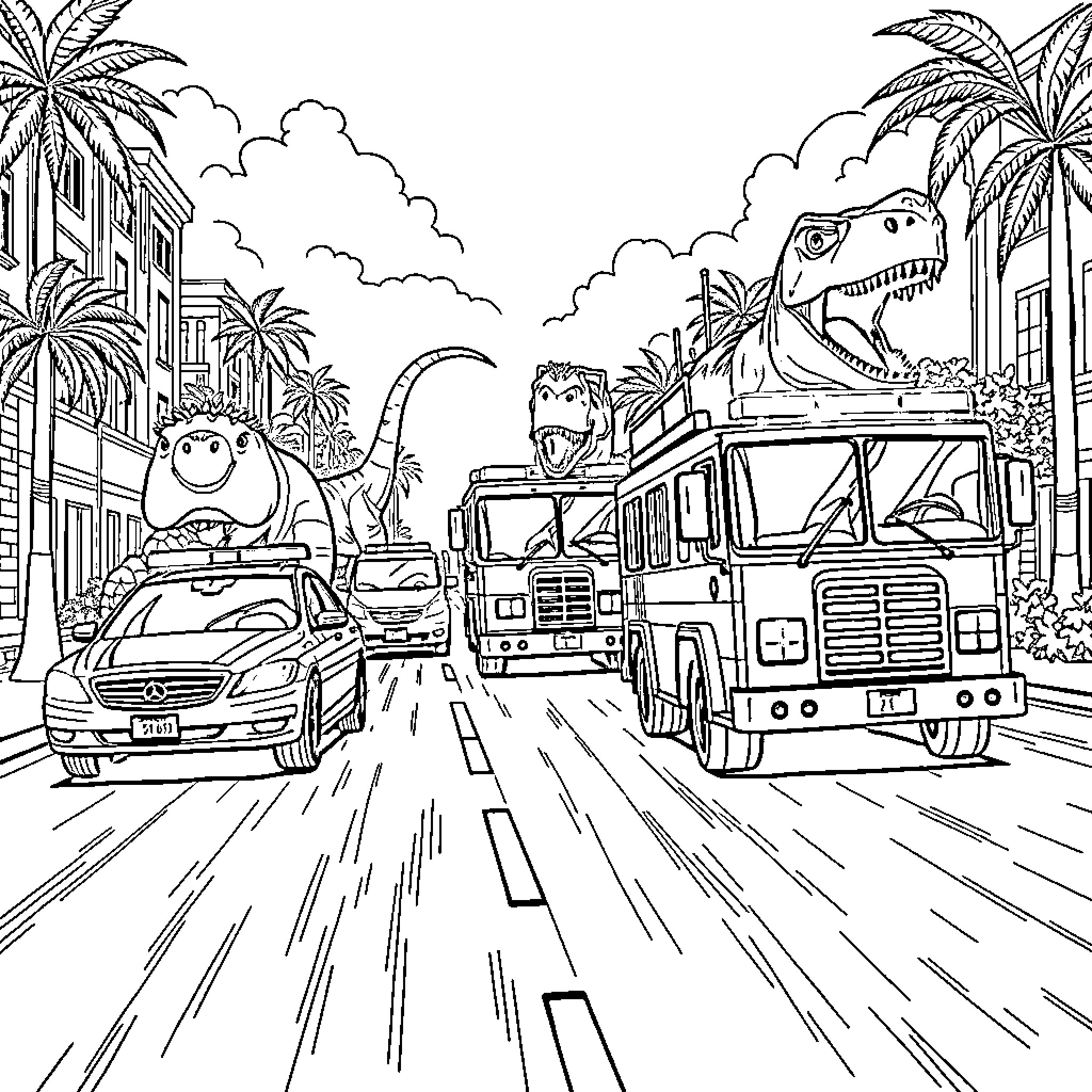 Vehicle Caravan with Dinosaur Passengers in the City Coloring Page (free black-and-white line drawing printable PDF for all, from beginners to advanced learners, including children, teens, adults, and seniors)