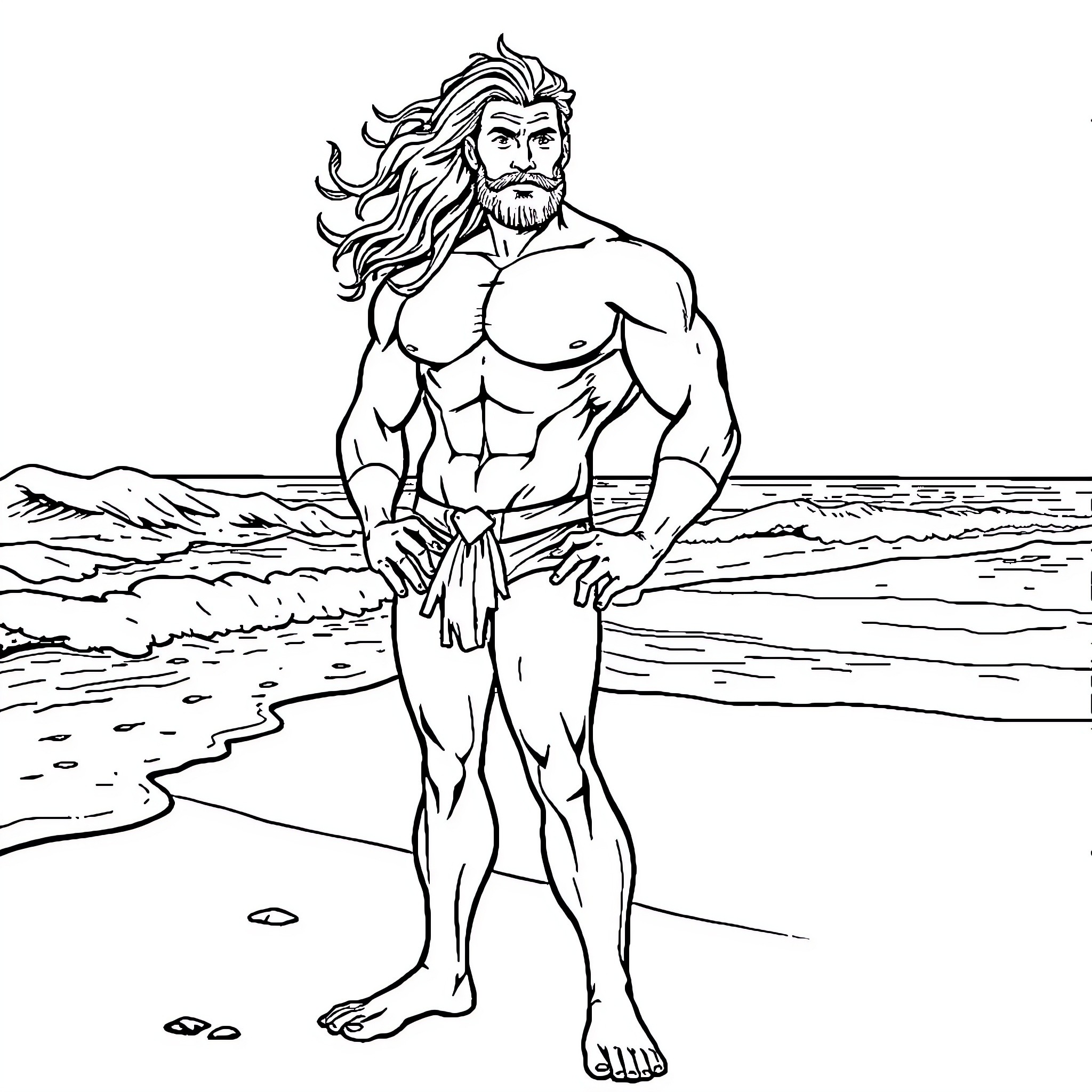 Aquaman standing heroically on the beach Coloring Page (free black-and-white line drawing printable PDF for all, from beginners to advanced learners, including children, teens, adults, and seniors)