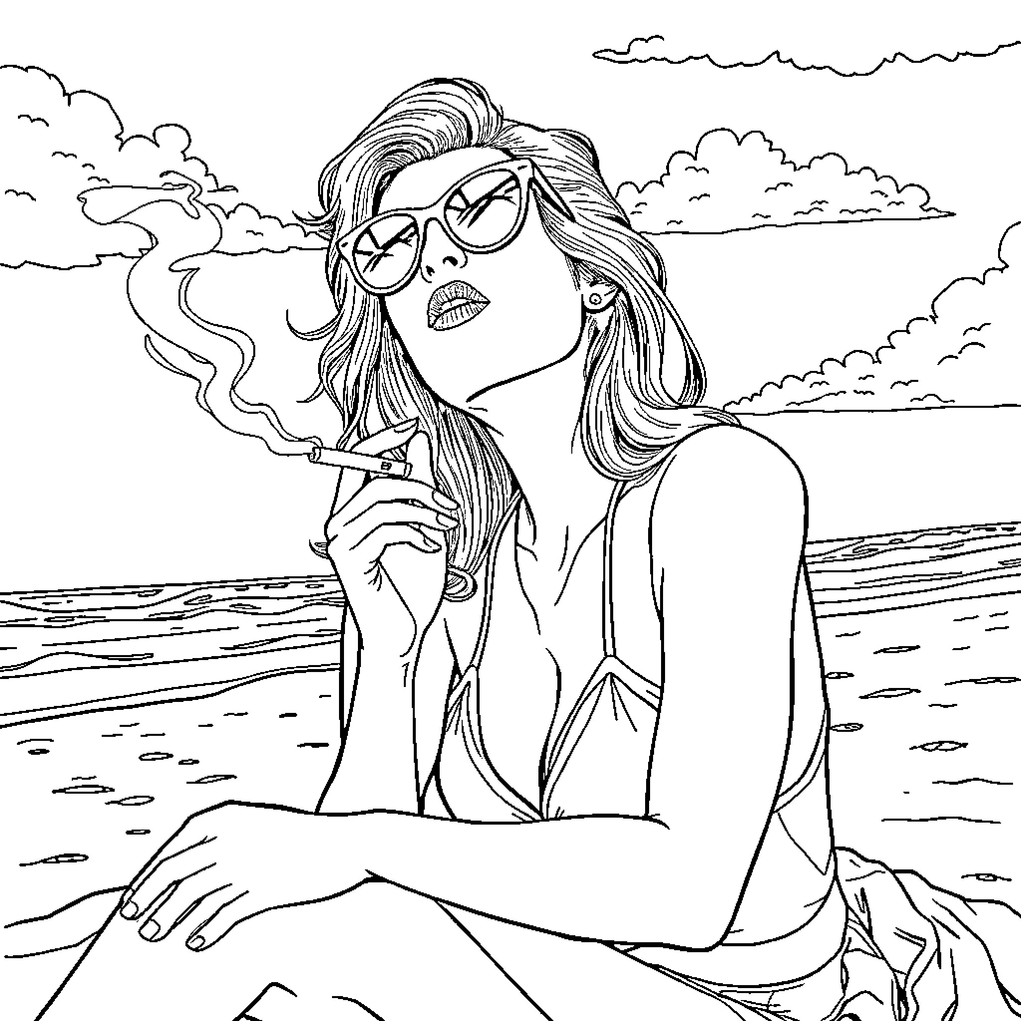 Lady in Sunglasses Relaxing by the Beach Coloring Page (free black-and-white line drawing printable PDF for all, from beginners to advanced learners, including children, teens, adults, and seniors)