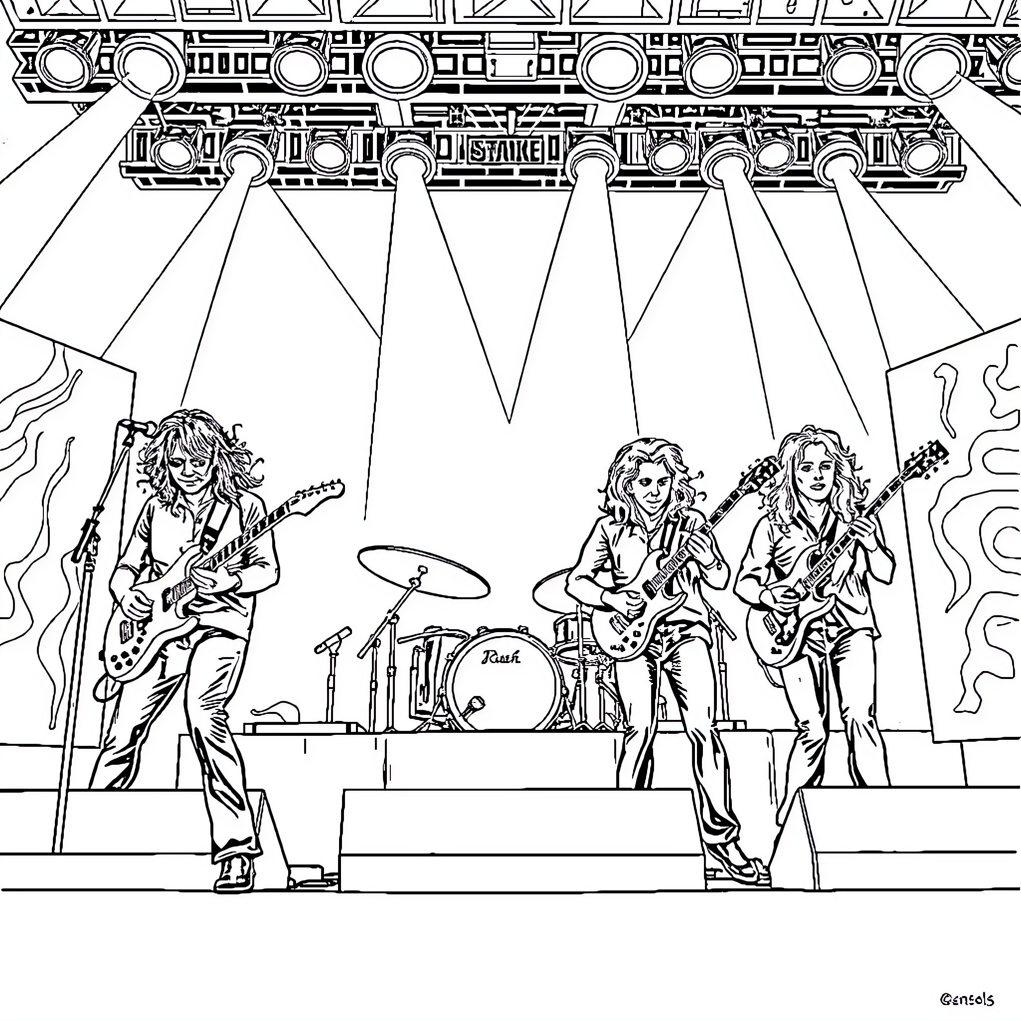 Rush of Rock Legends on Stage Coloring Page (free black-and-white line drawing printable PDF for all, from beginners to advanced learners, including children, teens, adults, and seniors)