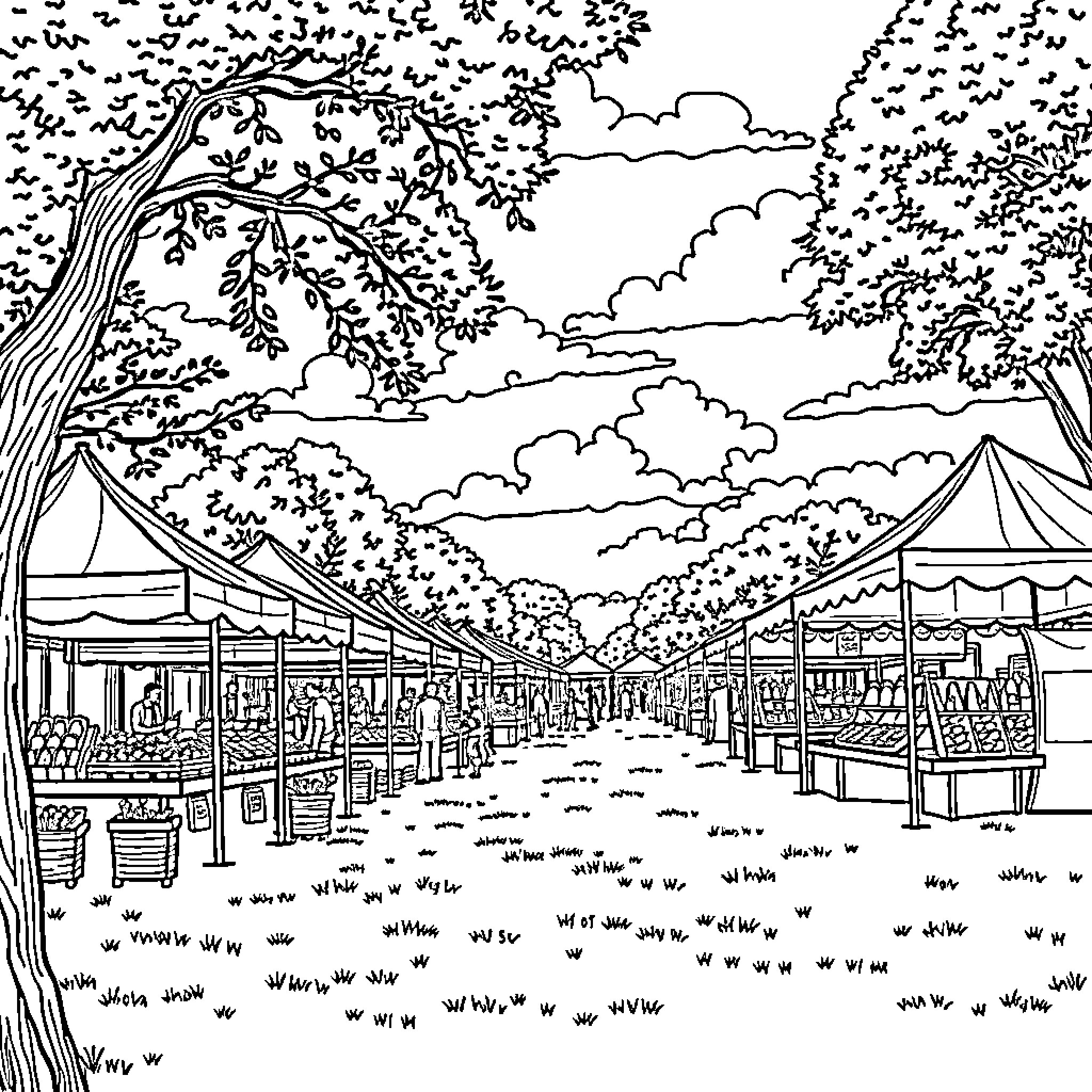 Market Bustling with Stalls and Vendors Coloring Page (free black-and-white line drawing printable PDF for all, from beginners to advanced learners, including children, teens, adults, and seniors)