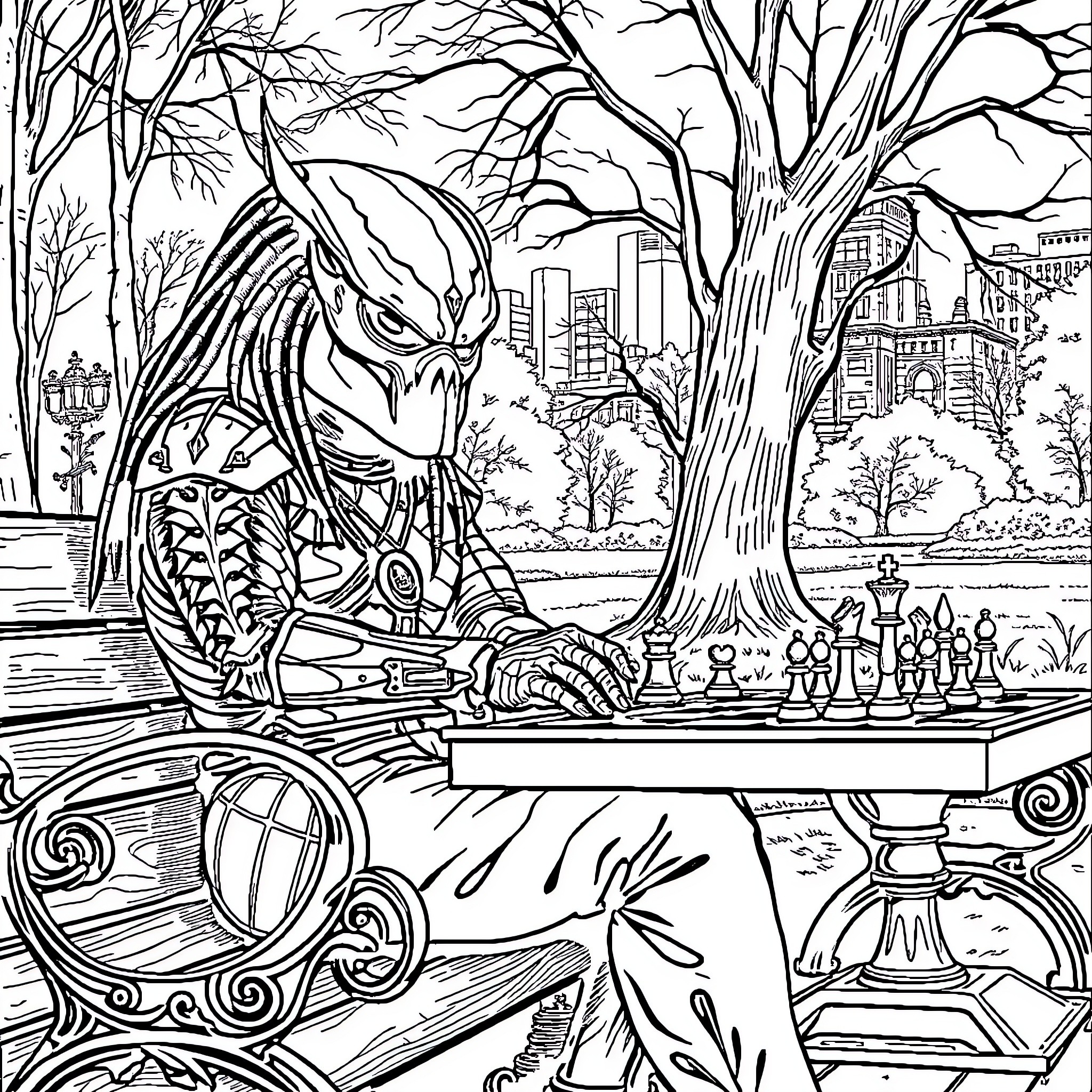 Predator enjoying a game of chess in the park Coloring Page (free black-and-white line drawing printable PDF for all, from beginners to advanced learners, including children, teens, adults, and seniors)
