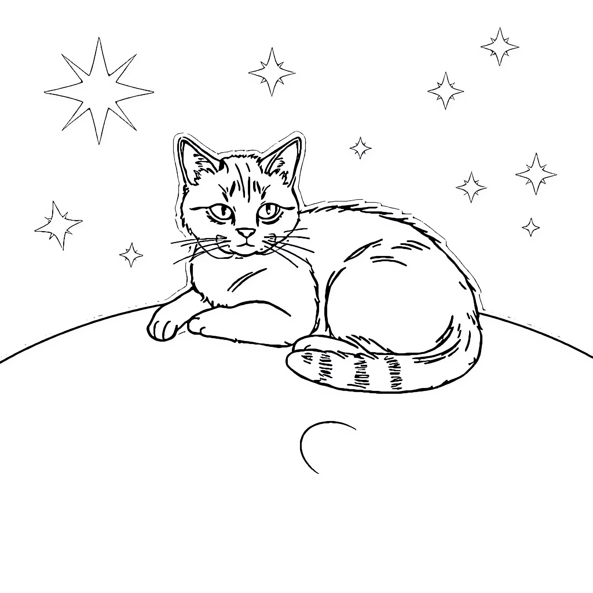 Cat resting under the starry night sky Coloring Page (free black-and-white line drawing printable PDF for all, from beginners to advanced learners, including children, teens, adults, and seniors)
